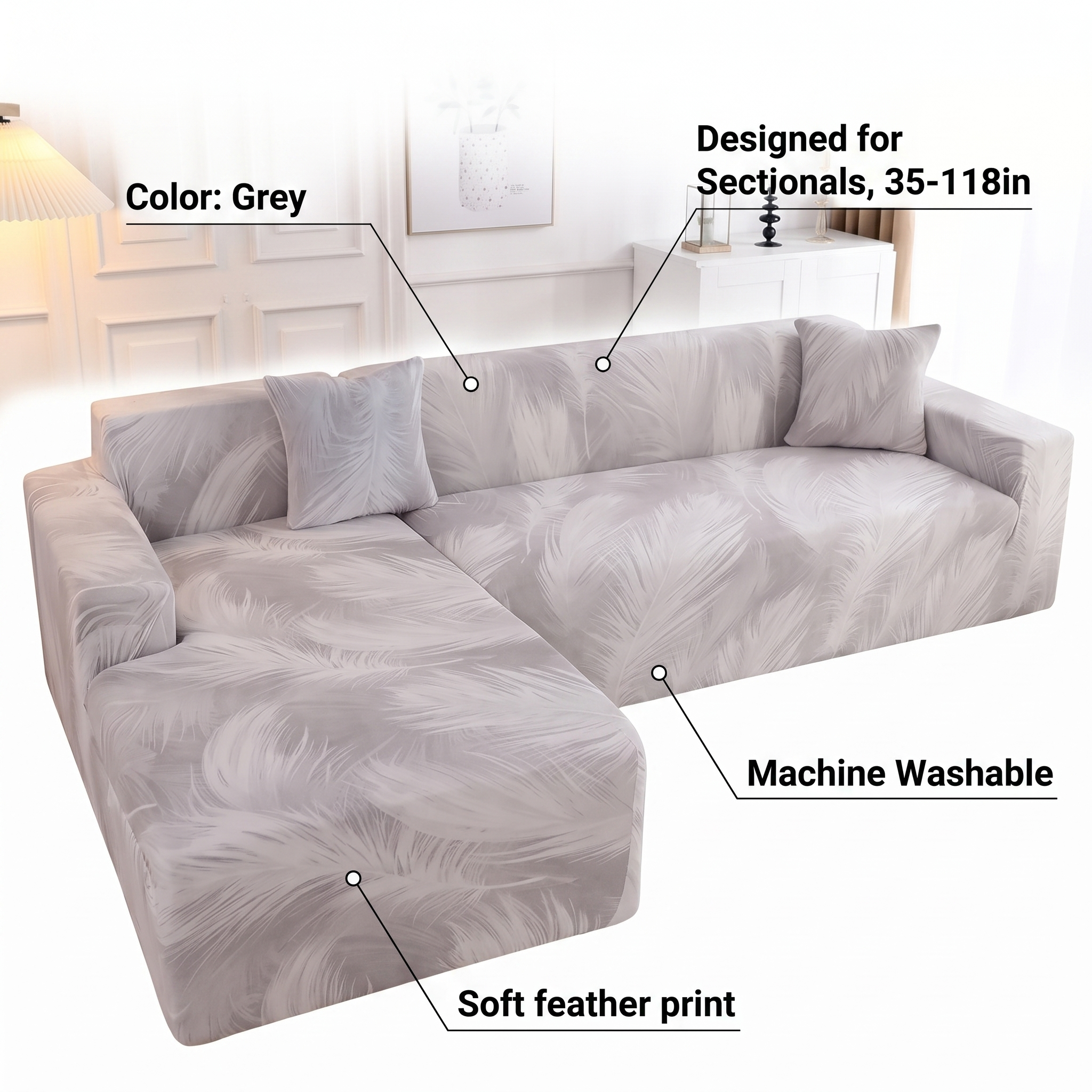 Stretch Sectional Couch Cover – Grey Bold Feather Print – features and specifications overview | Brivenzo