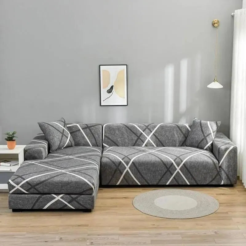 Stretch Sectional Couch Cover – Grey Crosshatch Print – product view 4 | Brivenzo