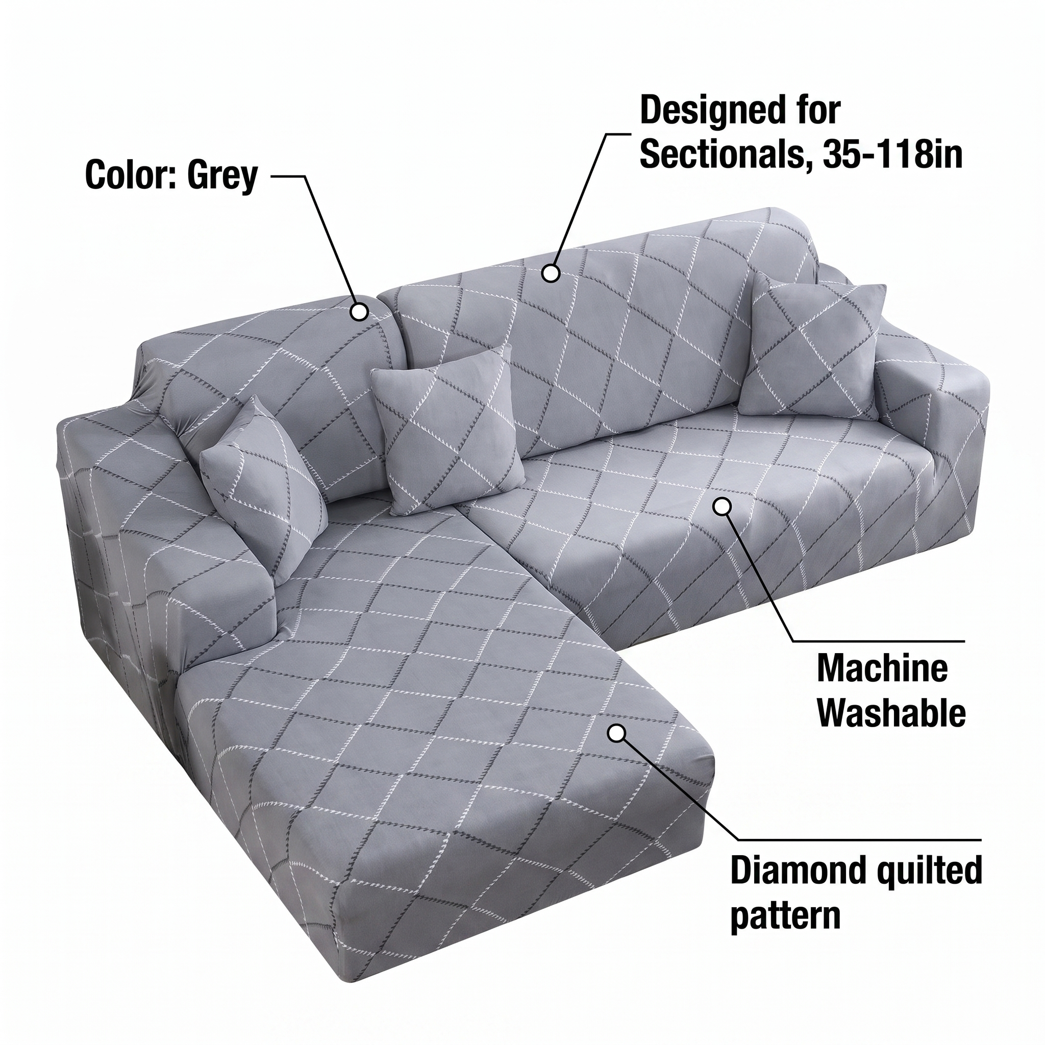 Stretch Sectional Couch Cover – Grey Diamond Quilted Print – features and specifications overview | Brivenzo