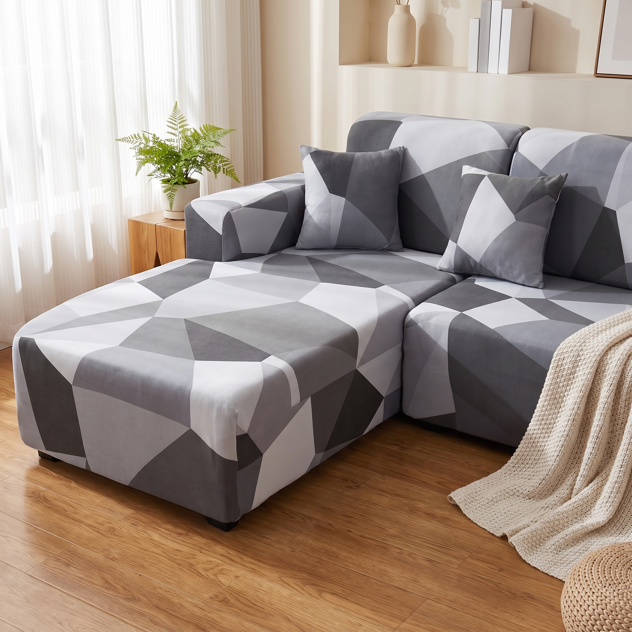 Stretch Sectional Couch Cover – Grey Faceted Geometric Print shown in a styled home interior | Brivenzo
