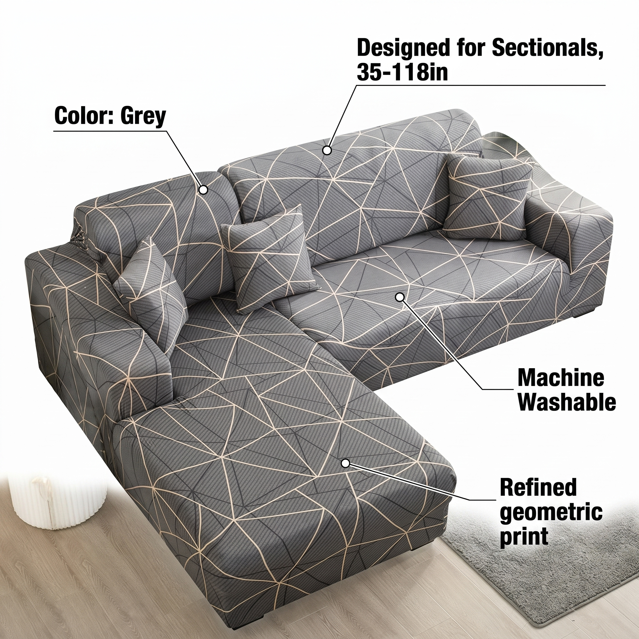 Stretch Sectional Couch Cover – Grey Geometric Line Print – features and specifications overview | Brivenzo