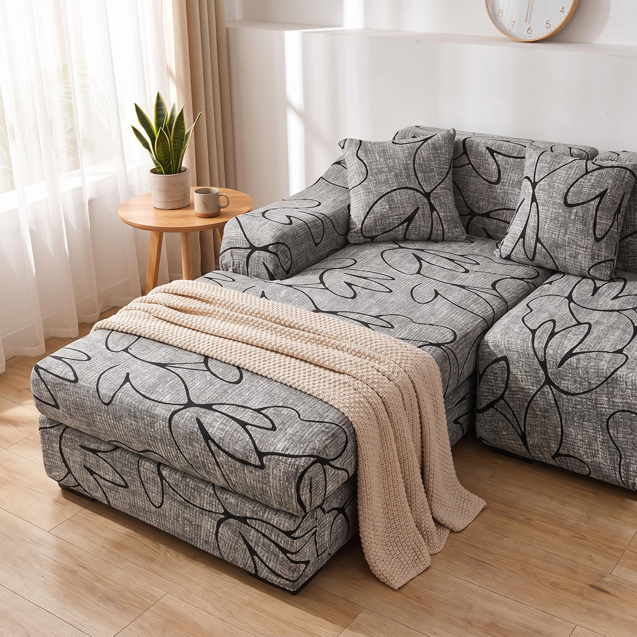 Stretch Sectional Couch Cover – Grey Line Art Floral Print shown in a styled home interior | Brivenzo