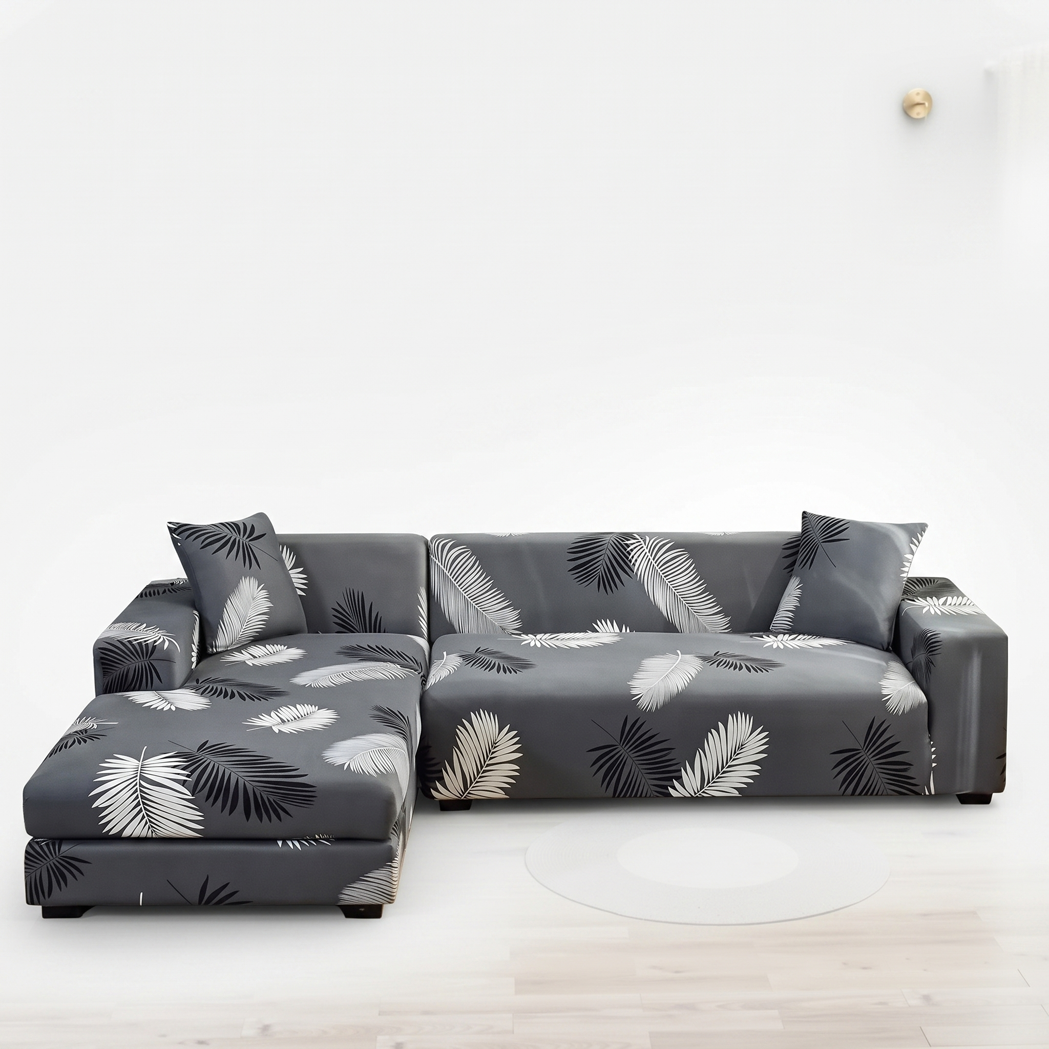 Stretch Sectional Couch Cover – Grey Multitone Palm Leaf Print – product photo on a white background | Brivenzo