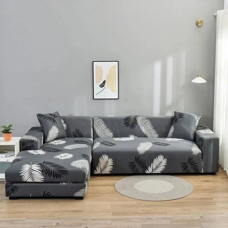 Stretch Sectional Couch Cover – Grey Multitone Palm Leaf Print – product view 4 | Brivenzo