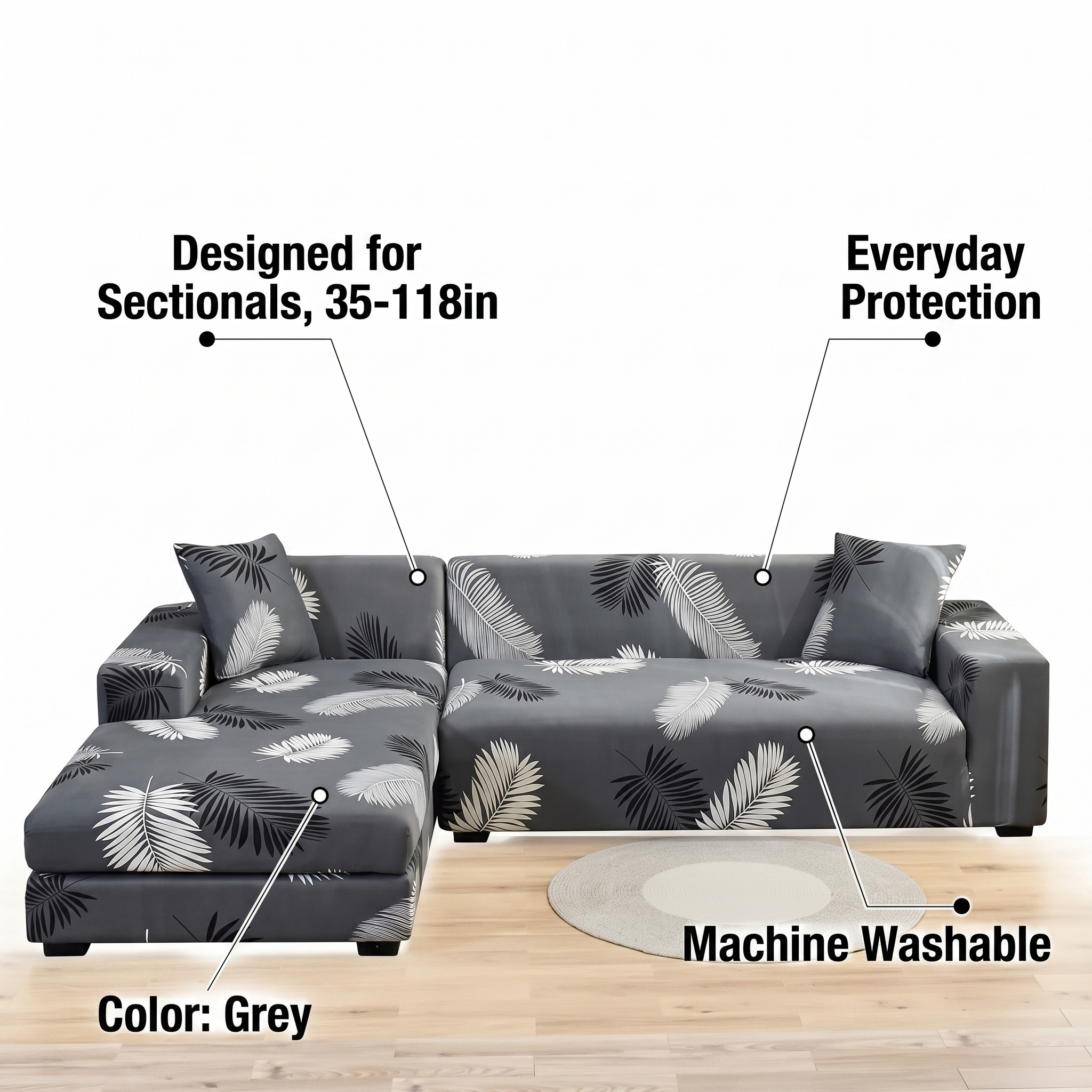 Stretch Sectional Couch Cover – Grey Multitone Palm Leaf Print – features and specifications overview | Brivenzo