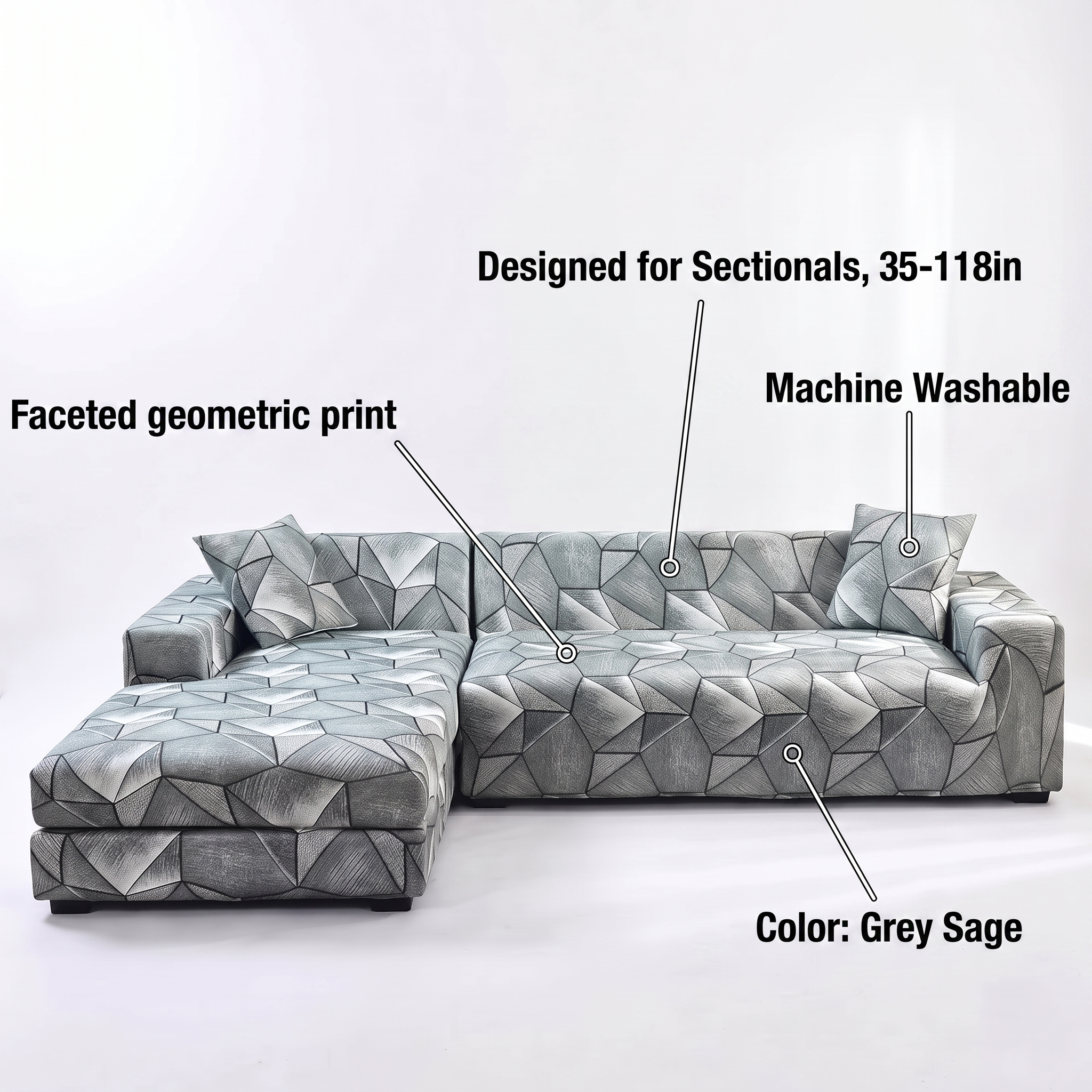 Stretch Sectional Couch Cover – Grey-Sage Geometric Print – features and specifications overview | Brivenzo