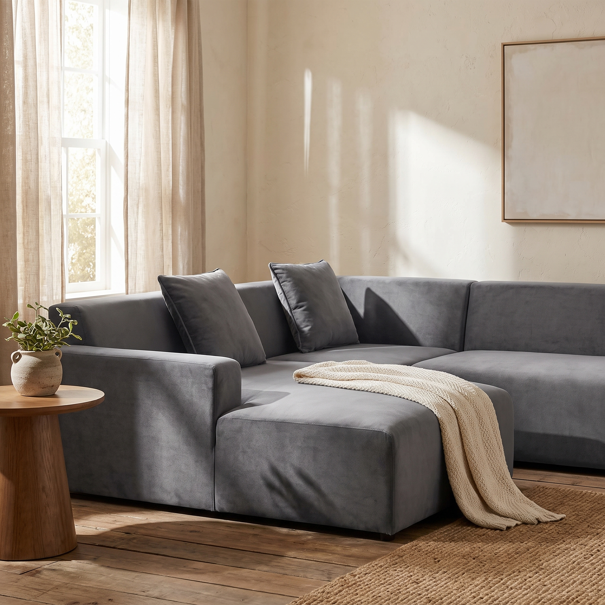 Stretch Sectional Couch Cover – Grey Velvet shown in a styled home interior | Brivenzo