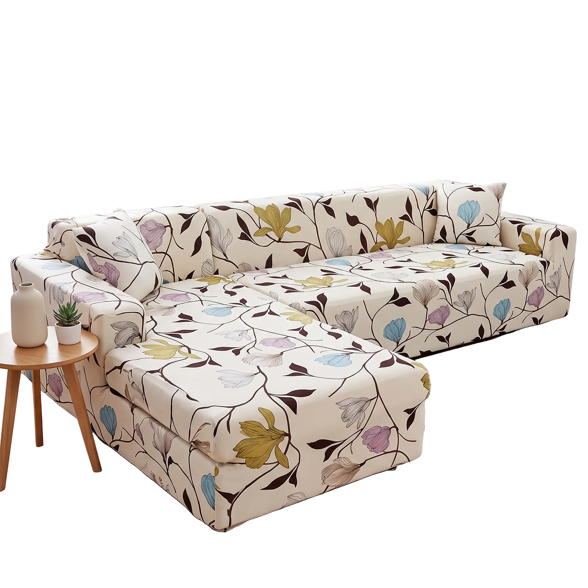 Stretch Sectional Couch Cover – Ivory Multicolor Floral Print shown in a styled home interior | Brivenzo
