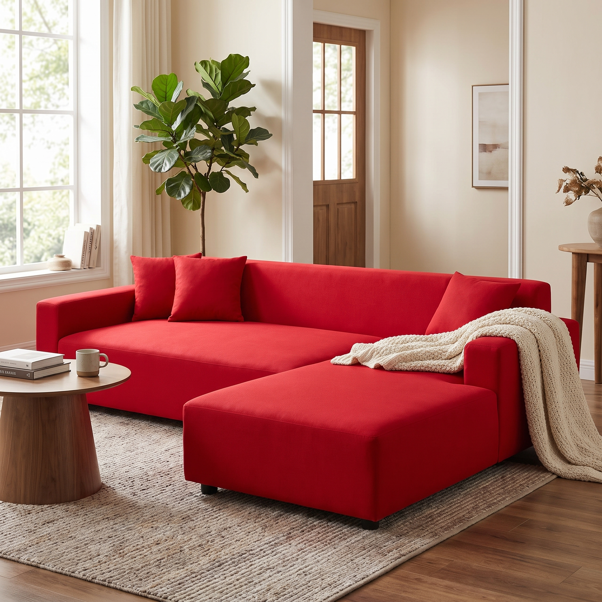 Stretch Sectional Couch Cover – Light Red shown in a styled home interior | Brivenzo