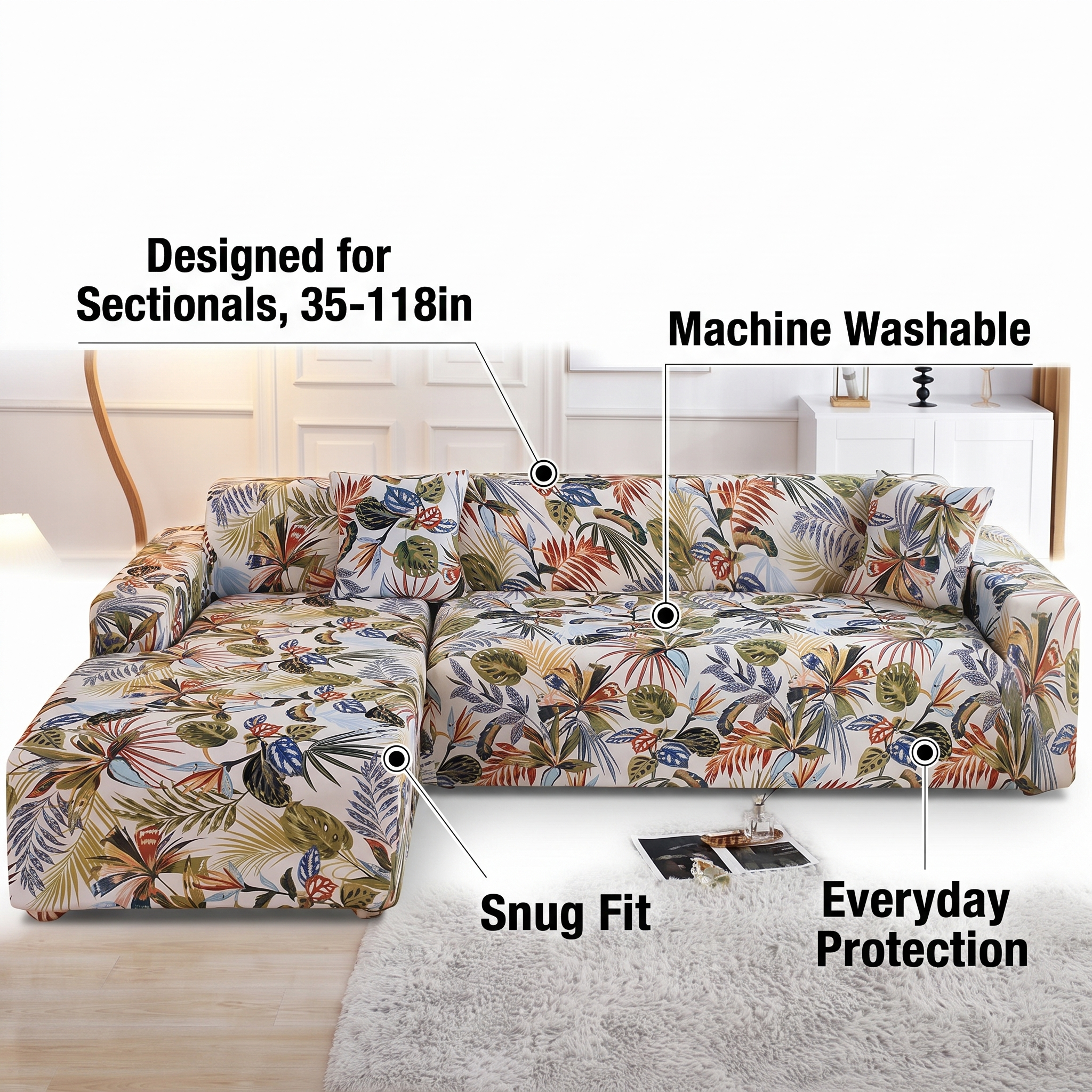 Stretch Sectional Couch Cover – Multicolor Tropical Leaf Print – features and specifications overview | Brivenzo