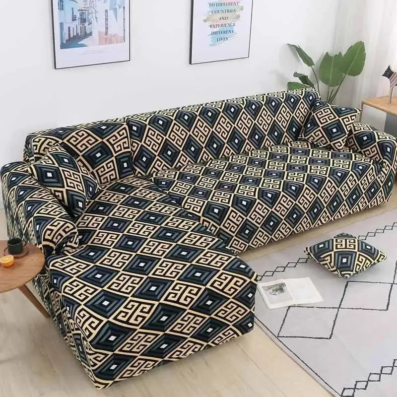 Stretch Sectional Couch Cover – Navy & Gold Greek Key Print – product view 4 | Brivenzo