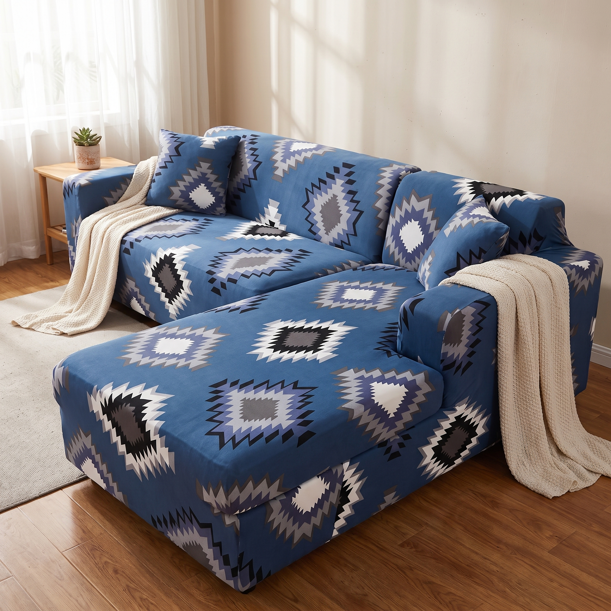 Stretch Sectional Couch Cover – Navy Blue Aztec Diamond Print shown in a styled home interior | Brivenzo
