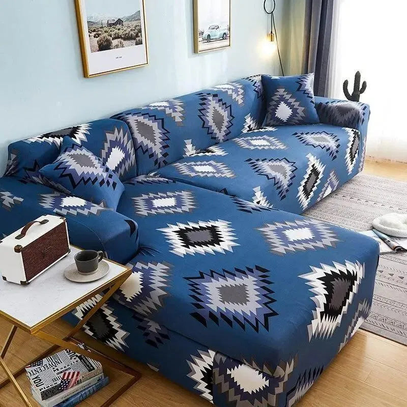 Stretch Sectional Couch Cover – Navy Blue Aztec Diamond Print – product view 4 | Brivenzo