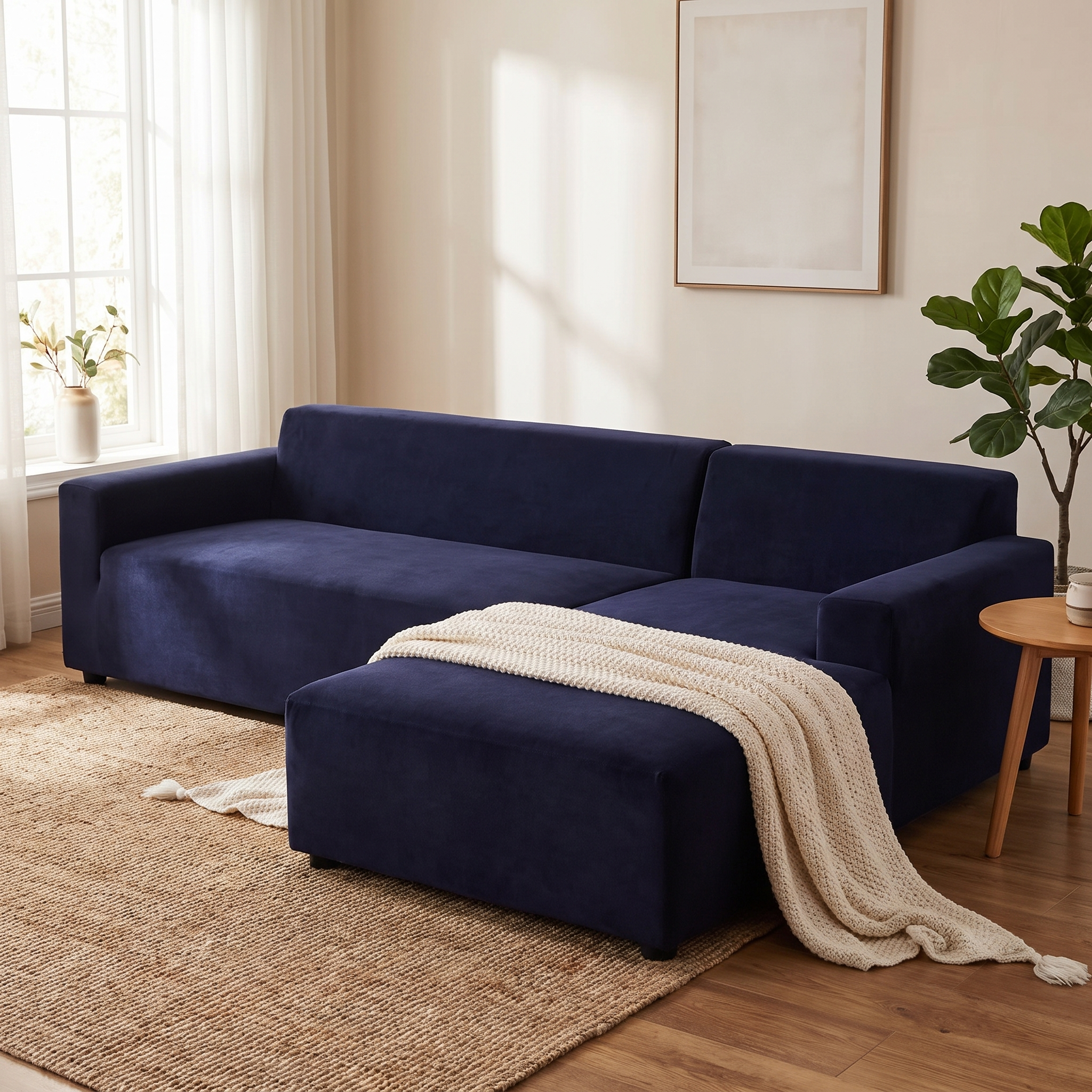 Stretch Sectional Couch Cover – Navy Blue Velvet shown in a styled home interior | Brivenzo