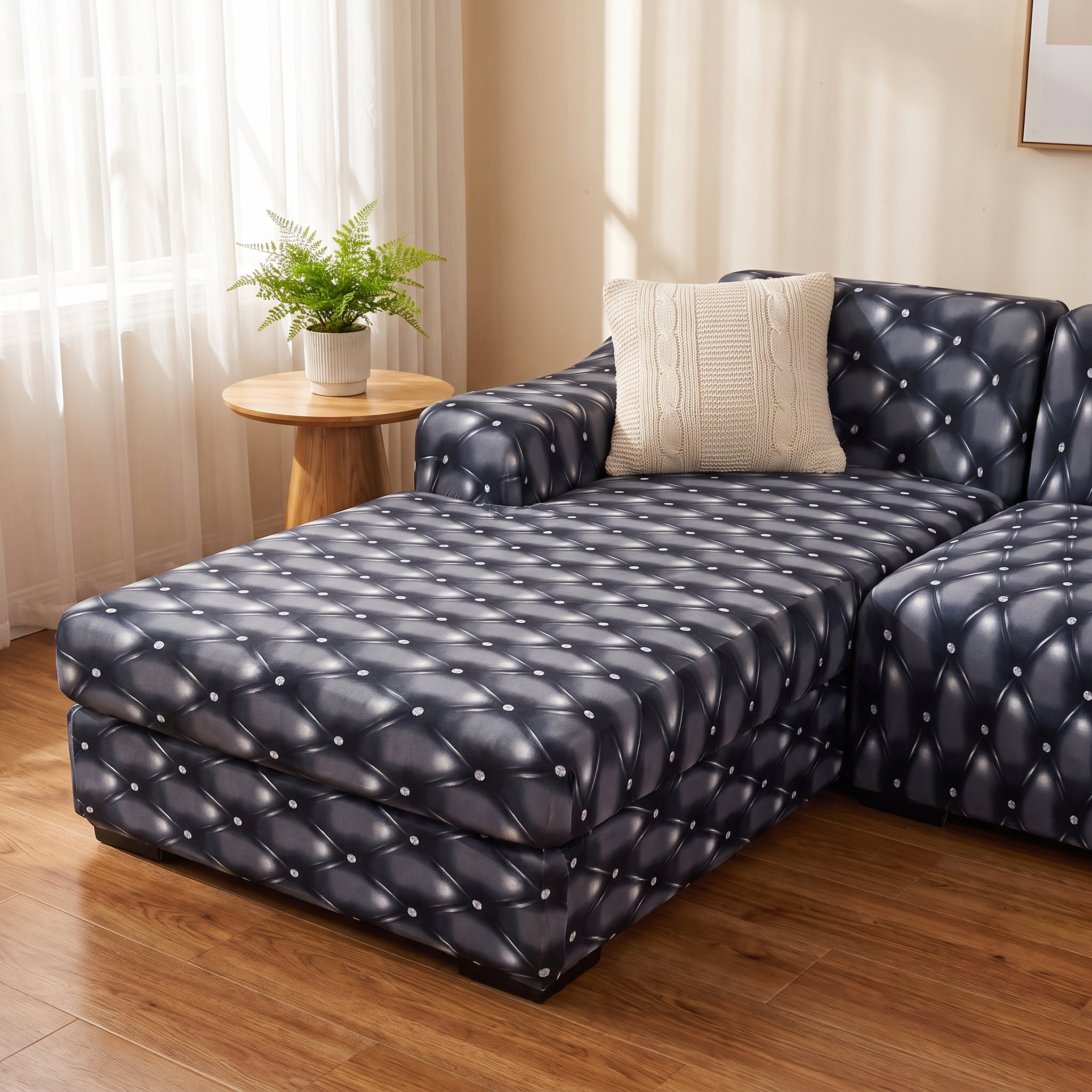 Stretch Sectional Couch Cover – Navy Diamond Tufted Print Quilted shown in a styled home interior | Brivenzo