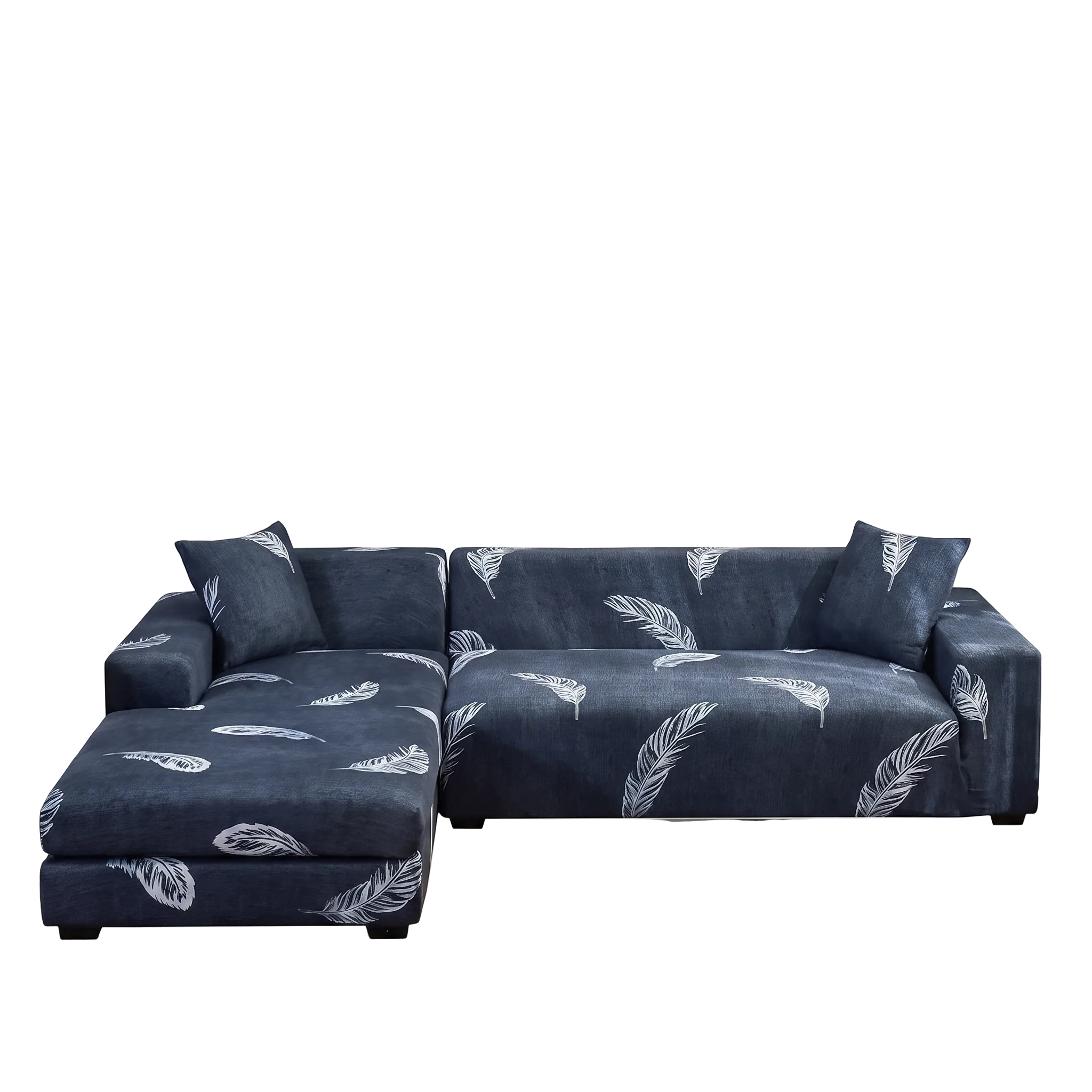 Stretch Sectional Couch Cover – Navy Feather Print – product photo on a white background | Brivenzo