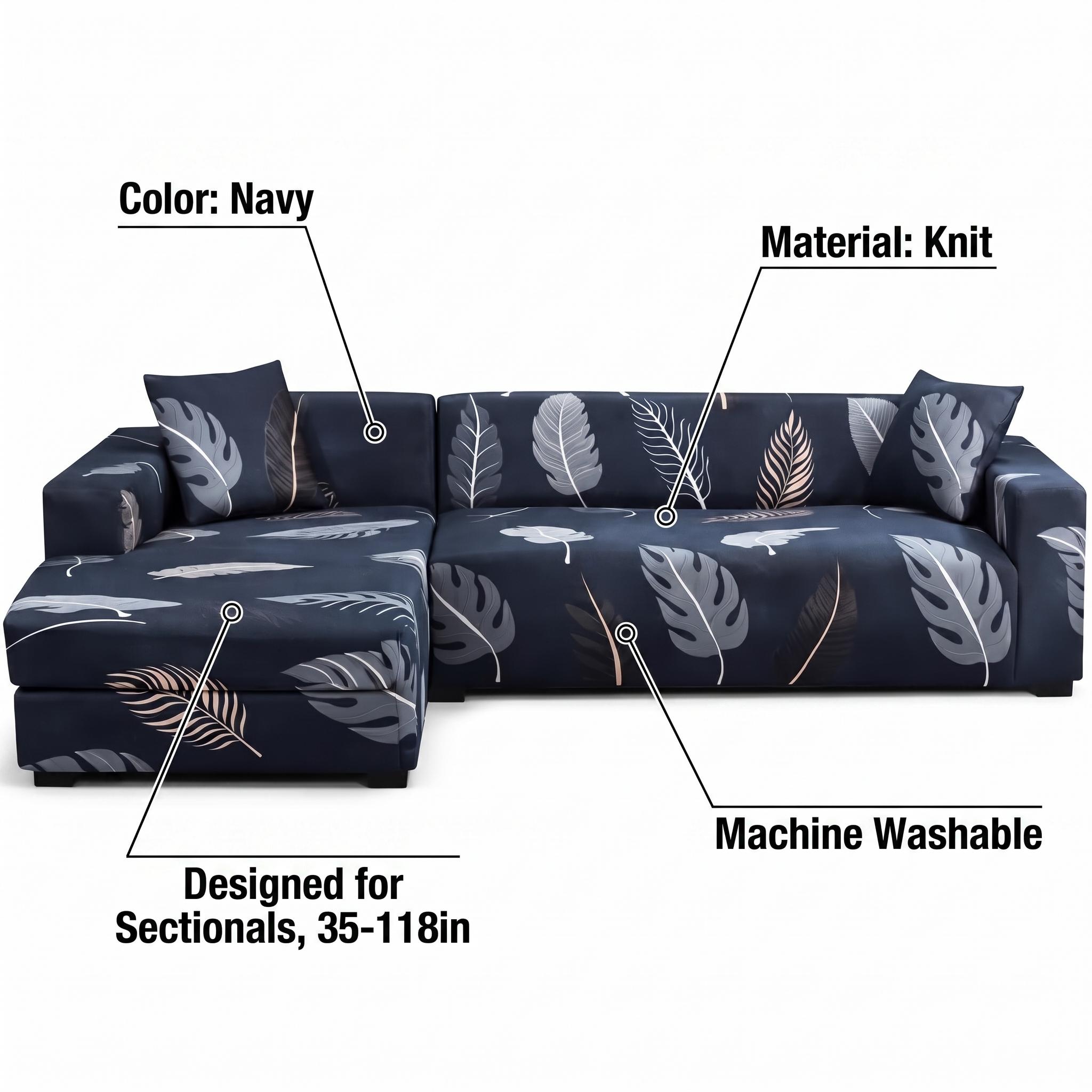 Stretch Sectional Couch Cover – Navy Tropical Leaf Print – features and specifications overview | Brivenzo
