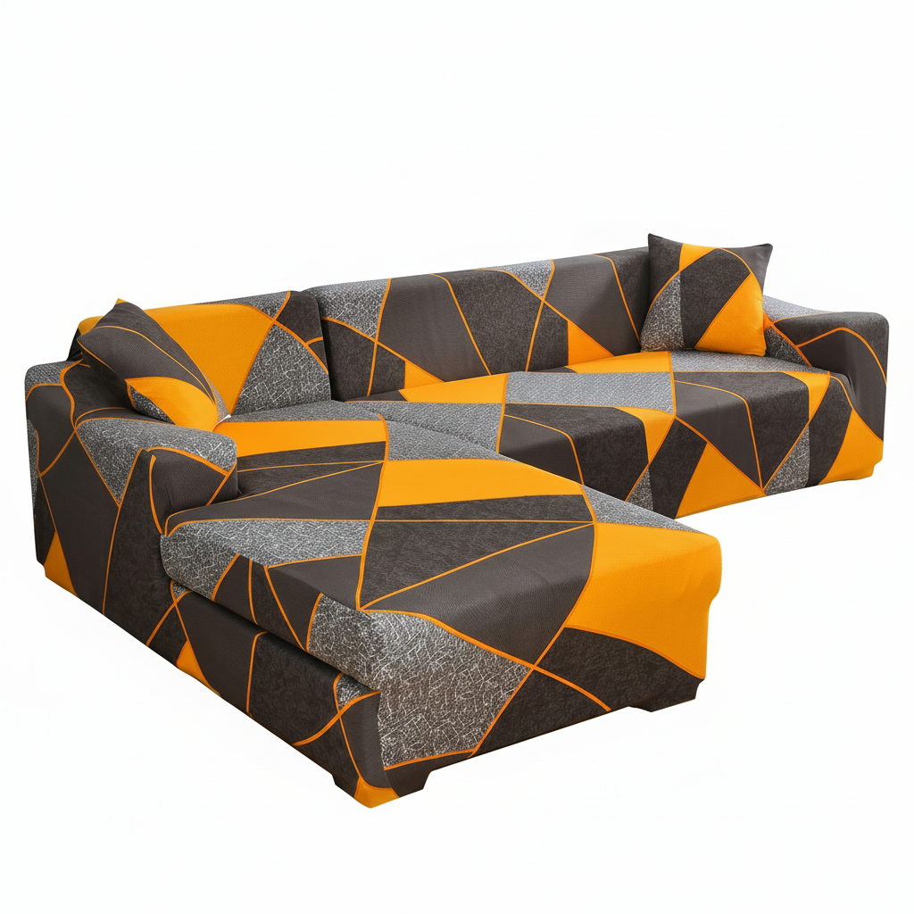 Stretch Sectional Couch Cover – Orange & Black Geometric Print – product photo on a white background | Brivenzo
