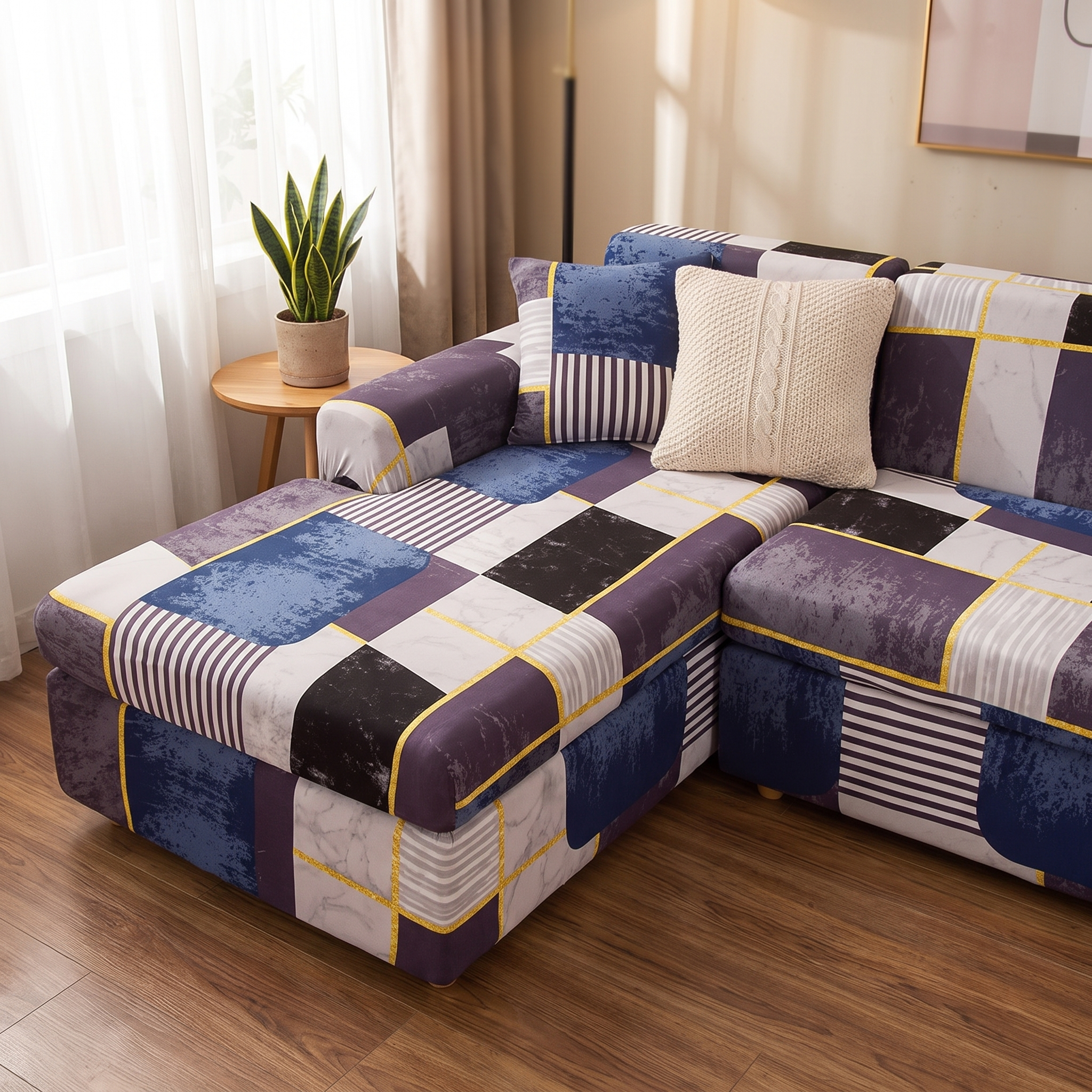 Stretch Sectional Couch Cover – Patchwork Colorblock Print shown in a styled home interior | Brivenzo