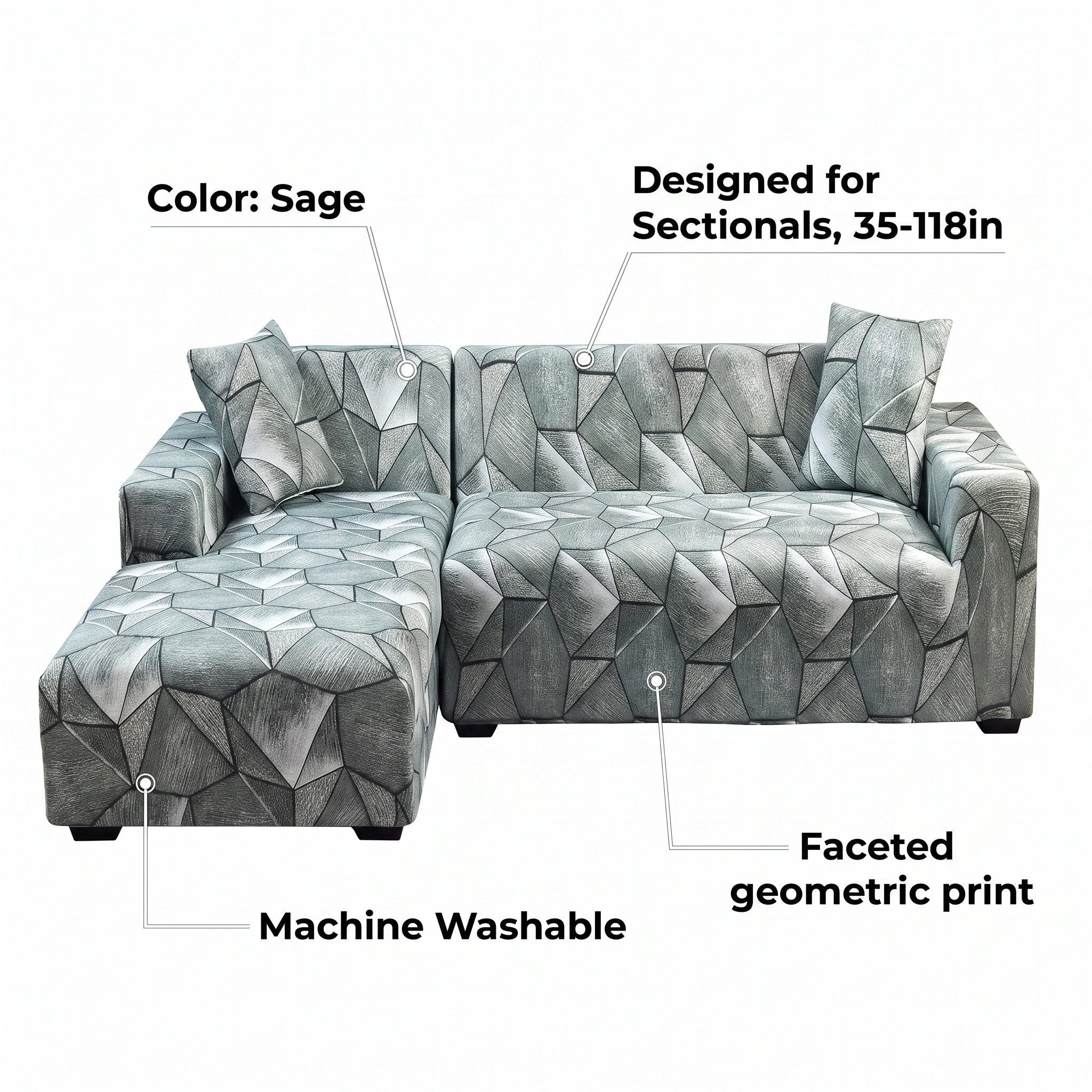 Stretch Sectional Couch Cover – Sage Geometric Diamond Print – features and specifications overview | Brivenzo