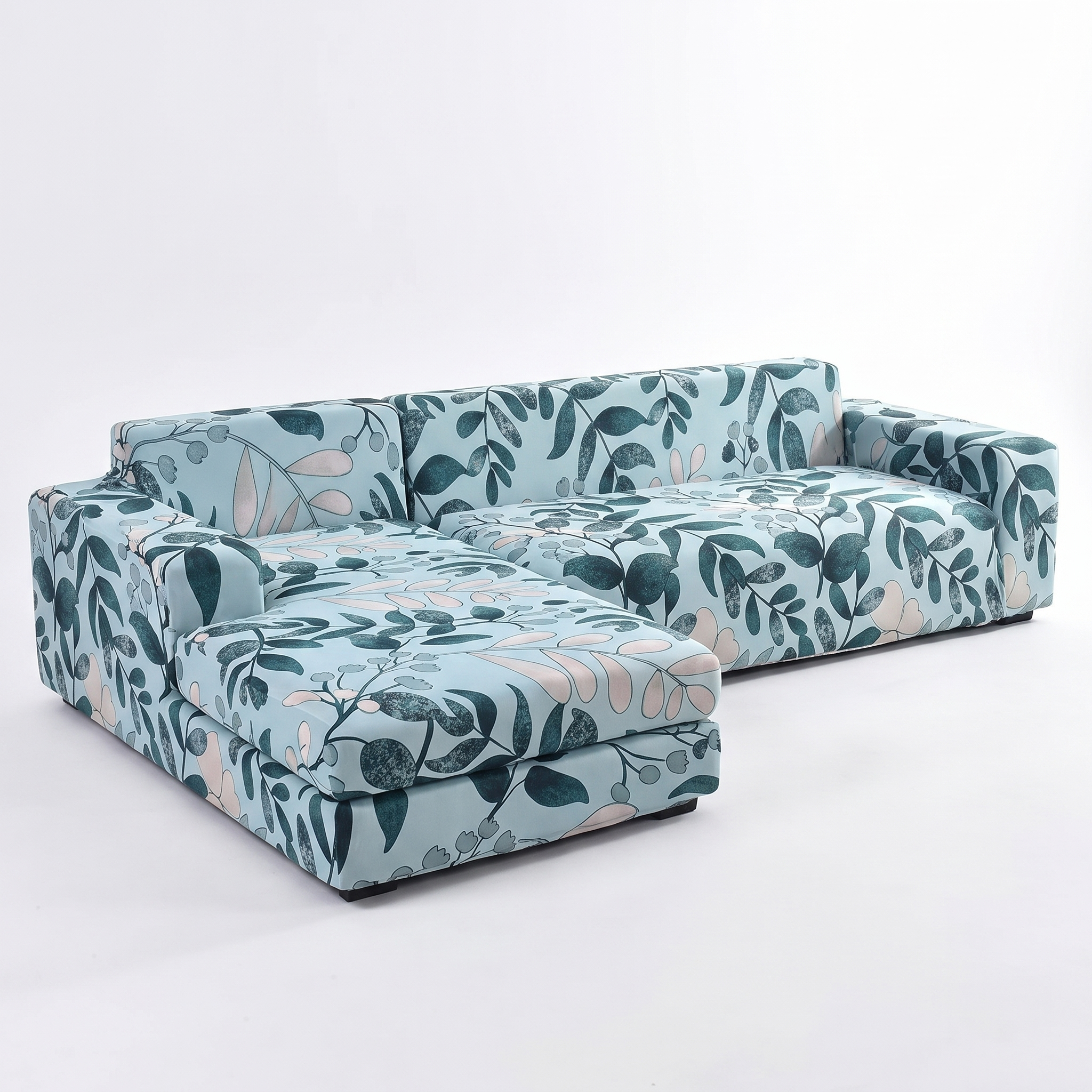 Stretch Sectional Couch Cover – Sky Blue Botanical Leaf Print – product photo on a white background | Brivenzo