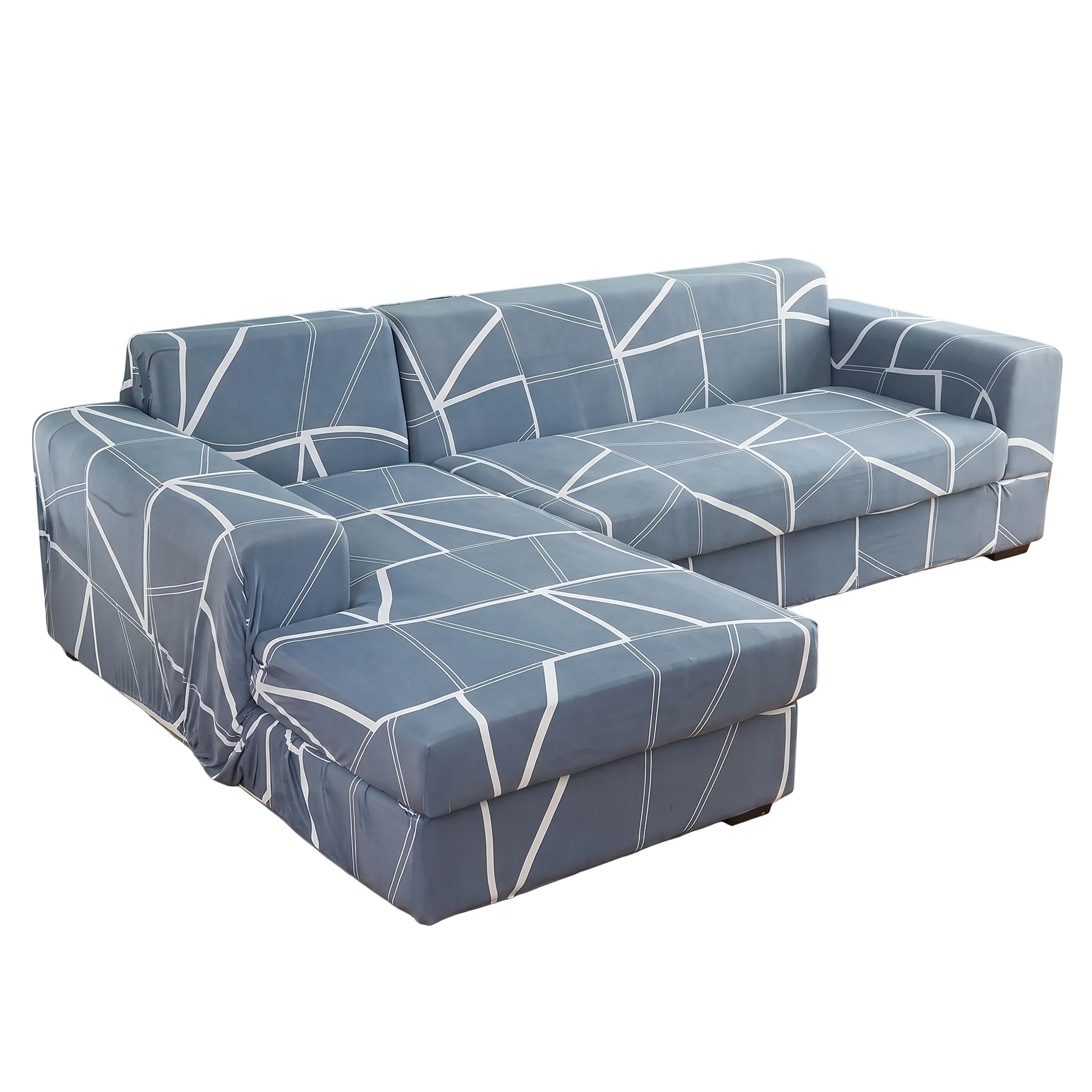 Stretch Sectional Couch Cover – Slate Blue Fractured Line Print – product photo on a white background | Brivenzo