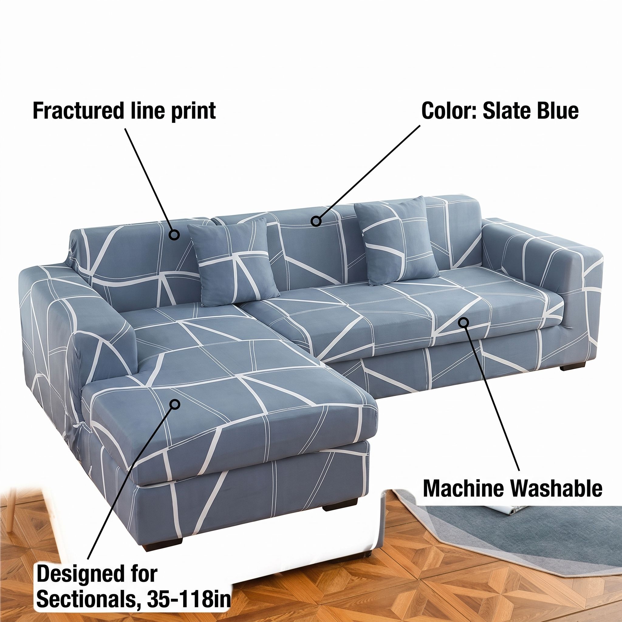 Stretch Sectional Couch Cover – Slate Blue Fractured Line Print – features and specifications overview | Brivenzo