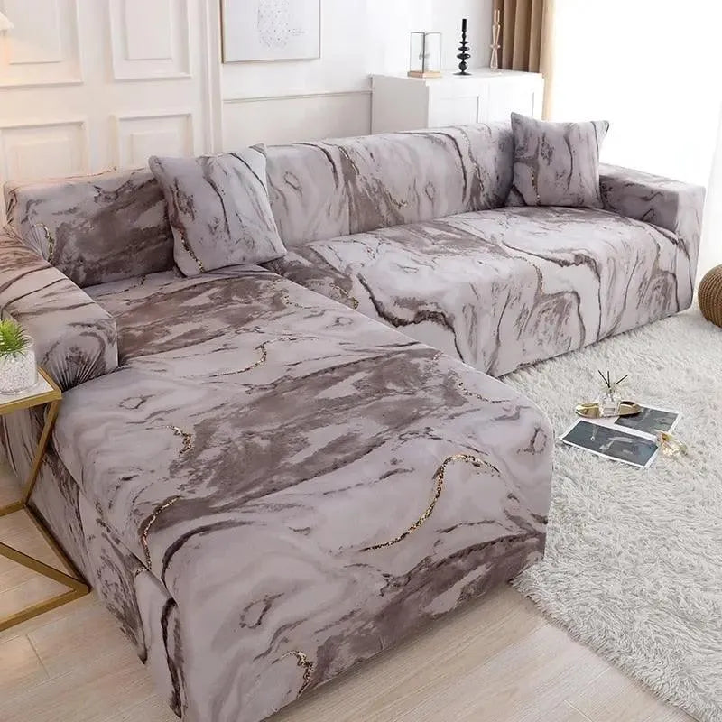 Stretch Sectional Couch Cover – Taupe Gold-Vein Marble Print – product view 4 | Brivenzo