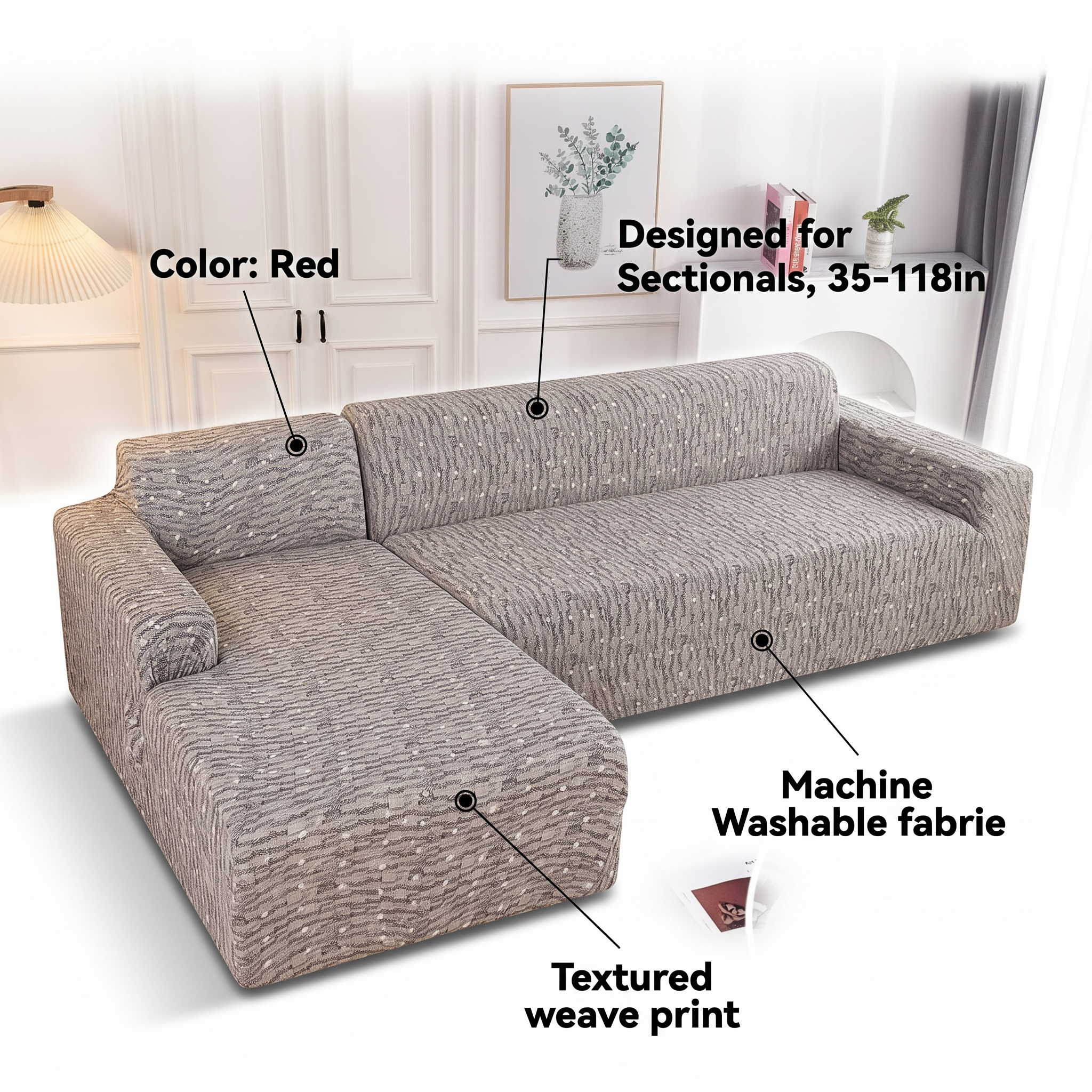 Stretch Sectional Couch Cover – Taupe Textured Weave Print – features and specifications overview | Brivenzo