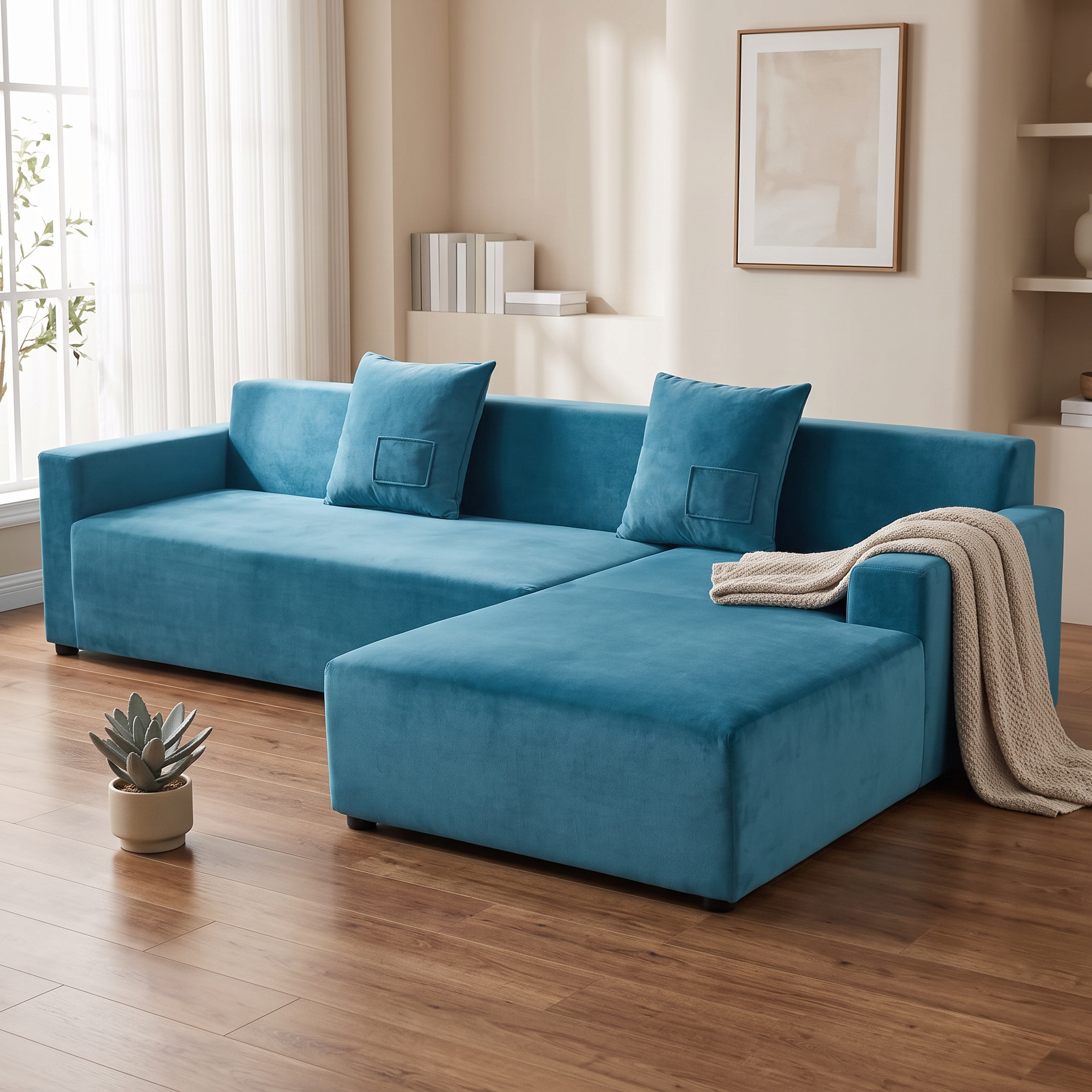Stretch Sectional Couch Cover – Teal Blue Velvet shown in a styled home interior | Brivenzo