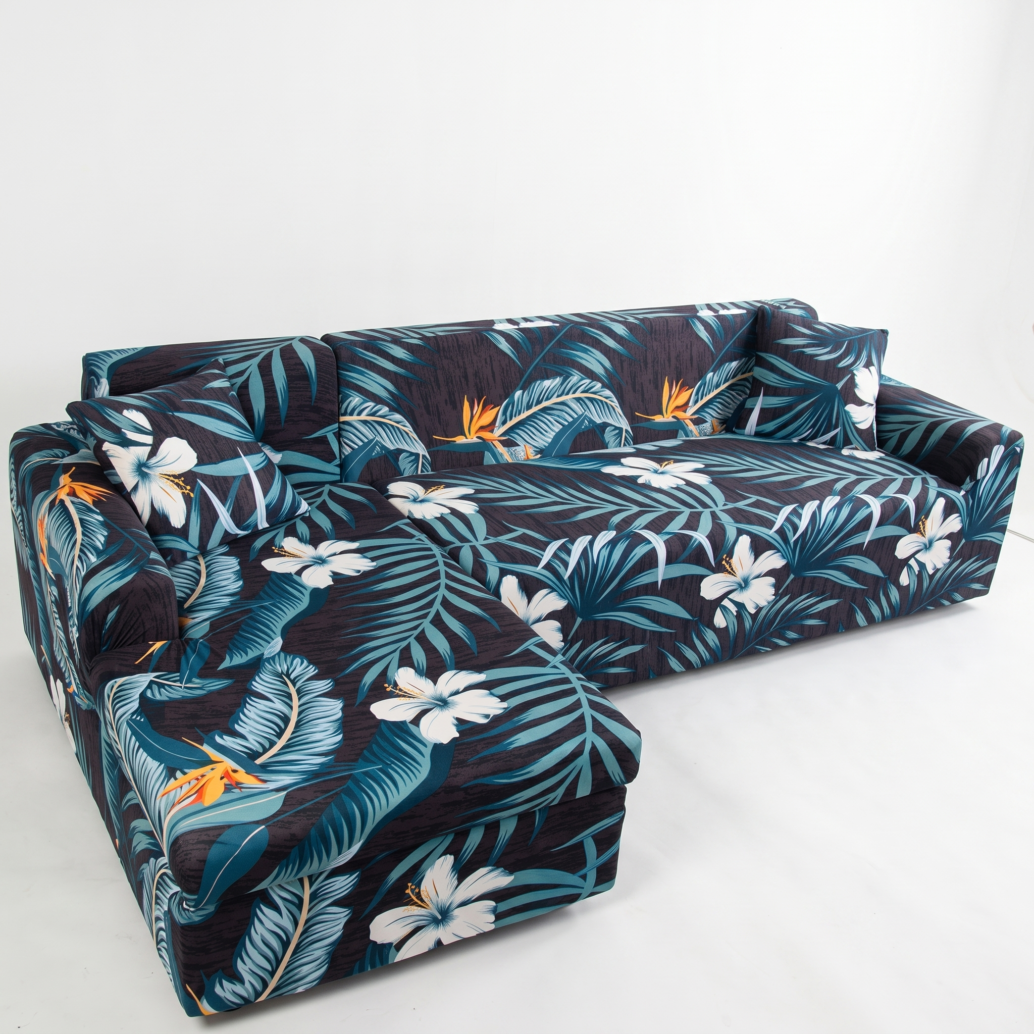 Stretch Sectional Couch Cover – Teal Tropical Floral Print – product photo on a white background | Brivenzo