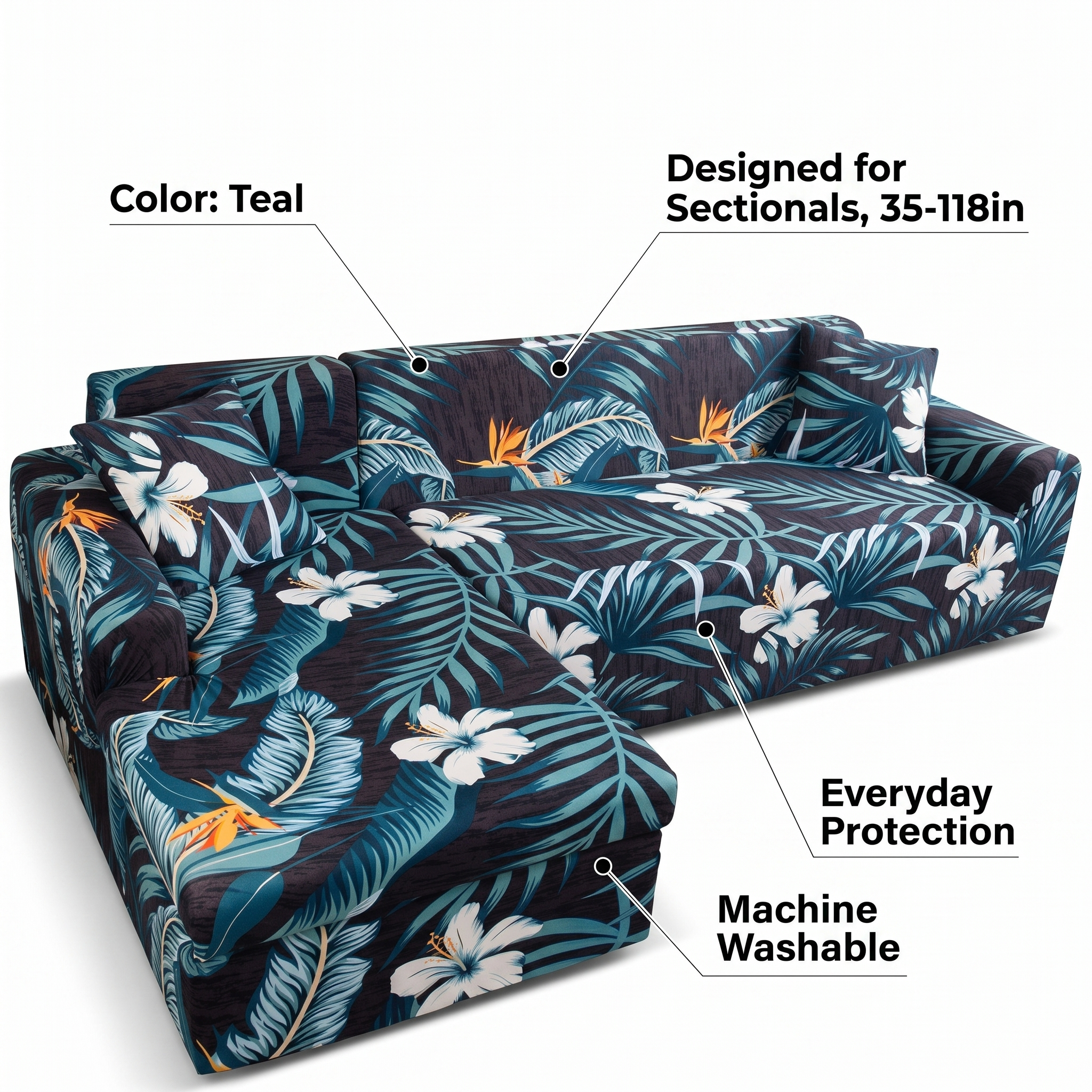 Stretch Sectional Couch Cover – Teal Tropical Floral Print – features and specifications overview | Brivenzo
