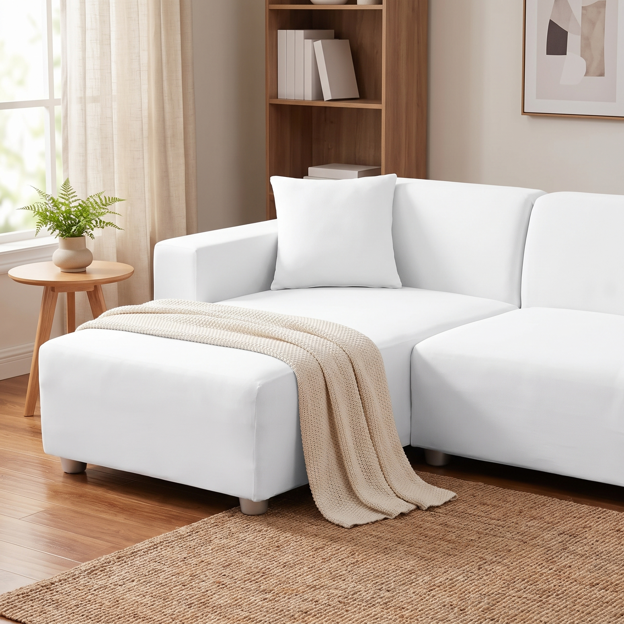Stretch Sectional Couch Cover – White Stretch Fabric shown in a styled home interior | Brivenzo