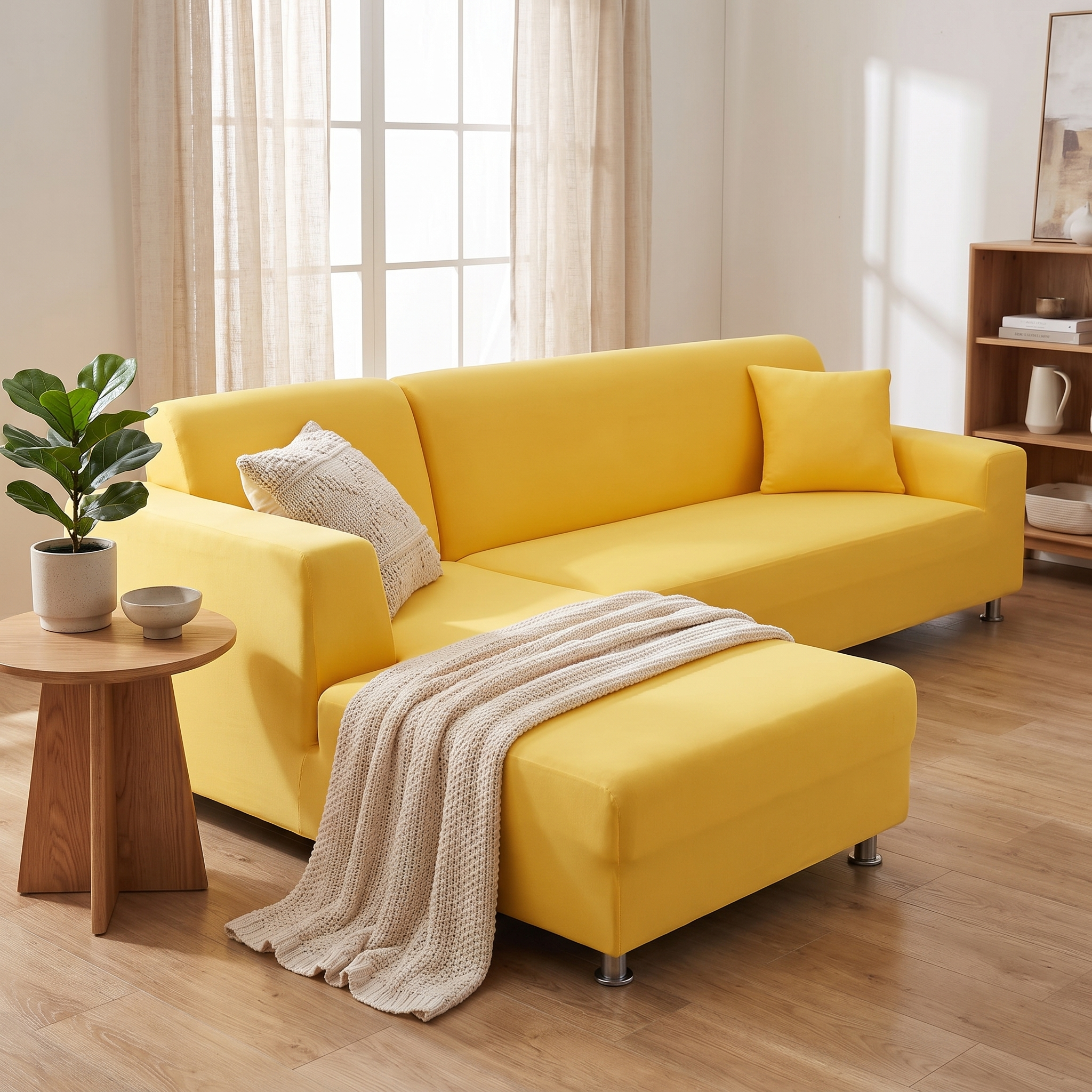 Stretch Sectional Couch Cover – Yellow shown in a styled home interior | Brivenzo