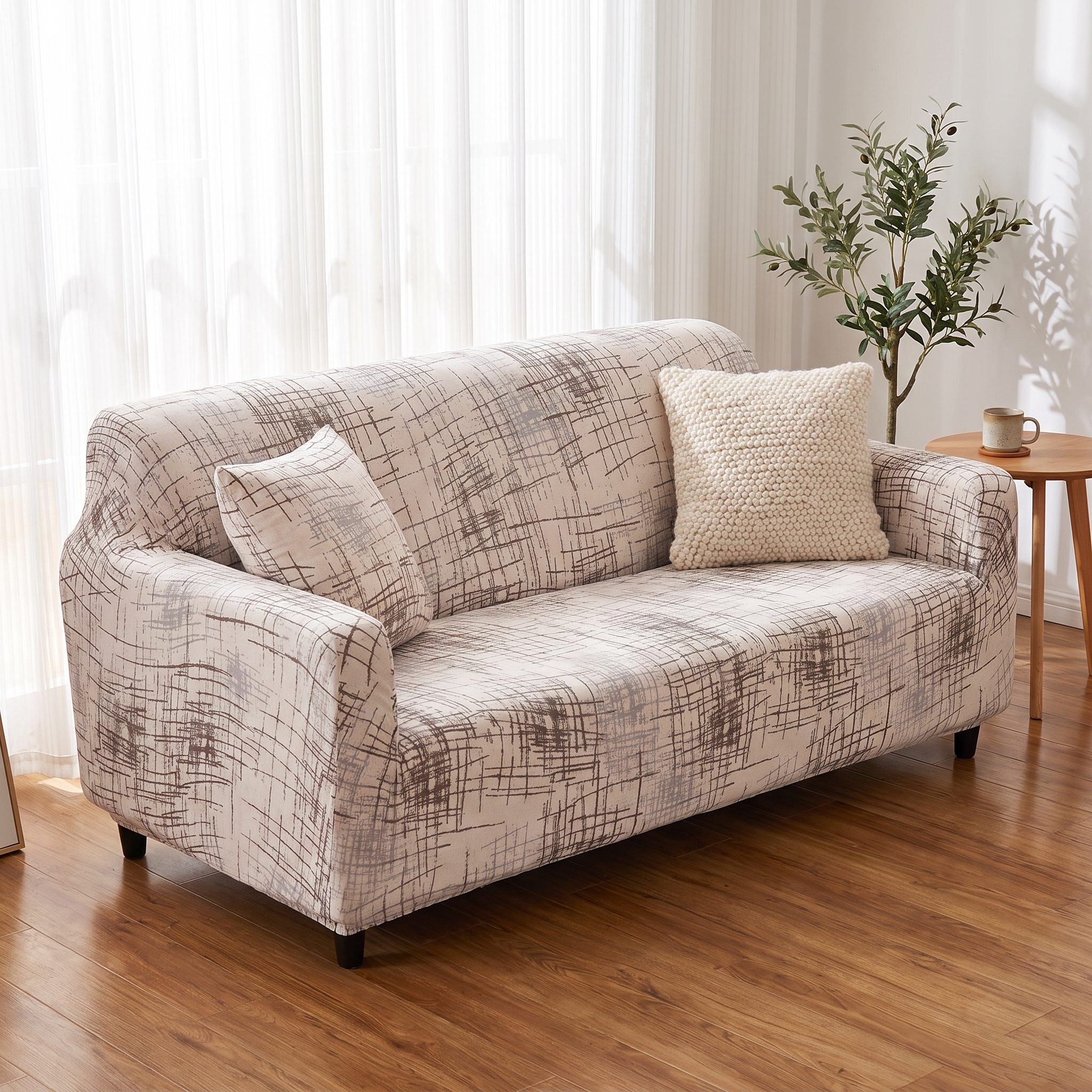Stretch Sofa Slipcover – Beige Crosshatch Scratch Print shown in a styled home interior | Brivenzo