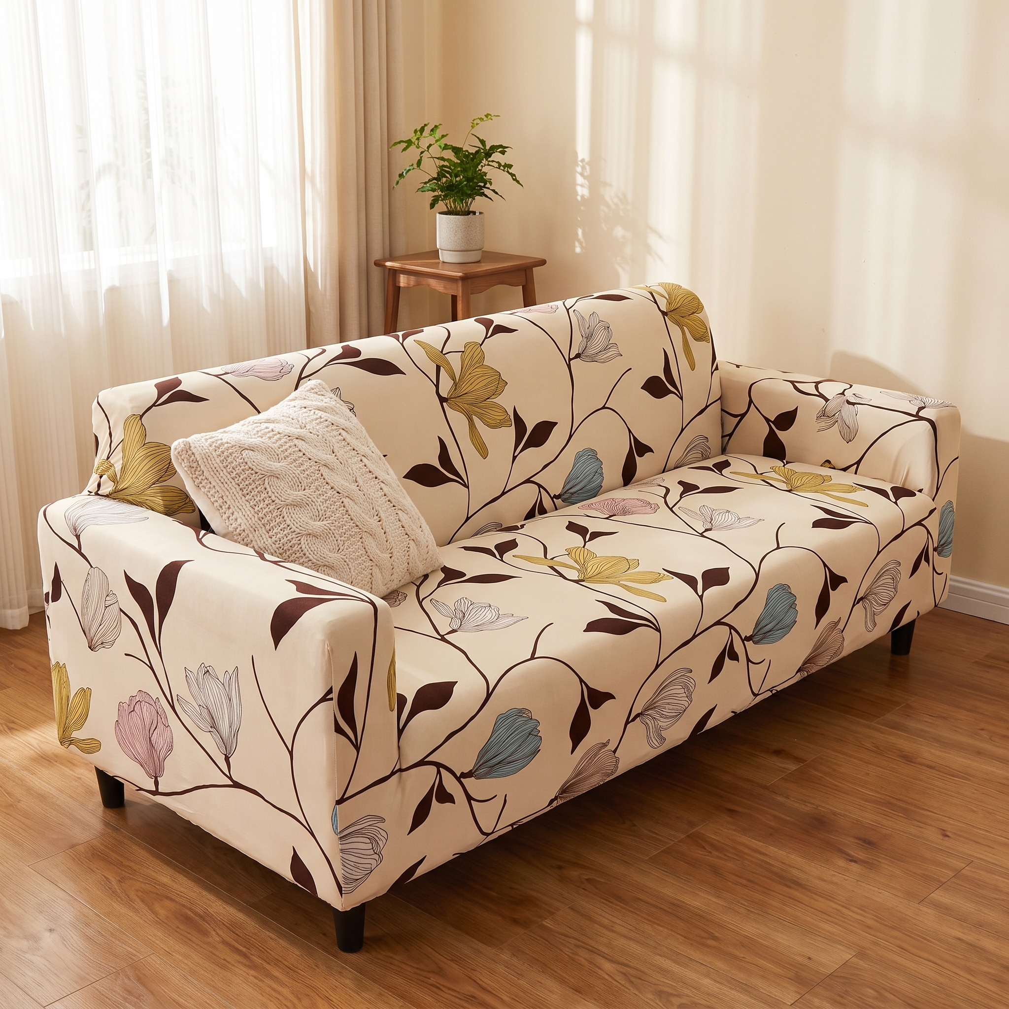 Stretch Sofa Slipcover – Beige Floral Line Print Sofa Bed shown in a styled home interior | Brivenzo