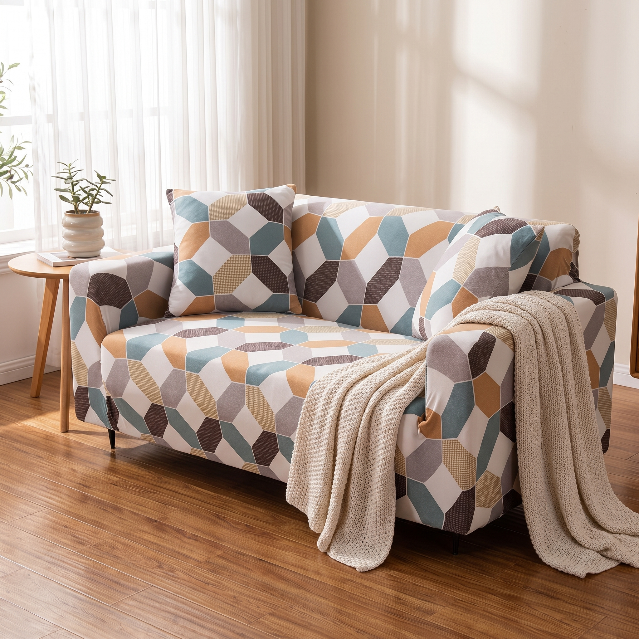 Stretch Sofa Slipcover | Beige Teal Geometric Hexagon Print - Living Room