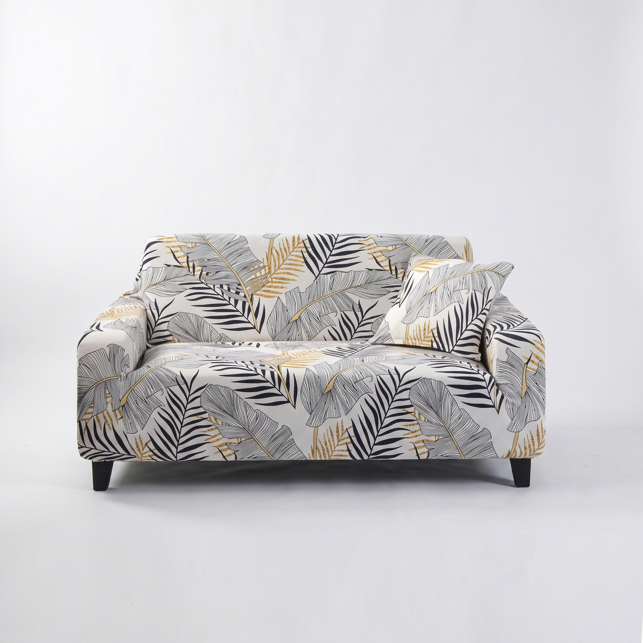Stretch Sofa Slipcover – Black Gold Palm Leaf Print – product photo on a white background | Brivenzo