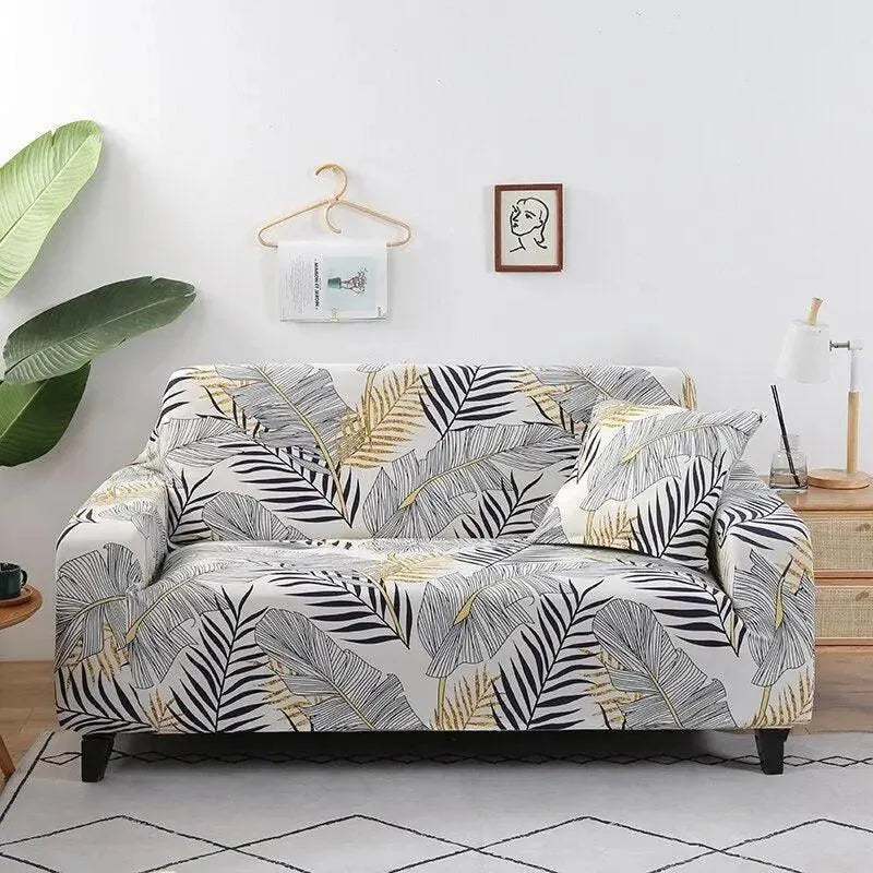 Stretch Sofa Slipcover – Black Gold Palm Leaf Print – product view 4 | Brivenzo