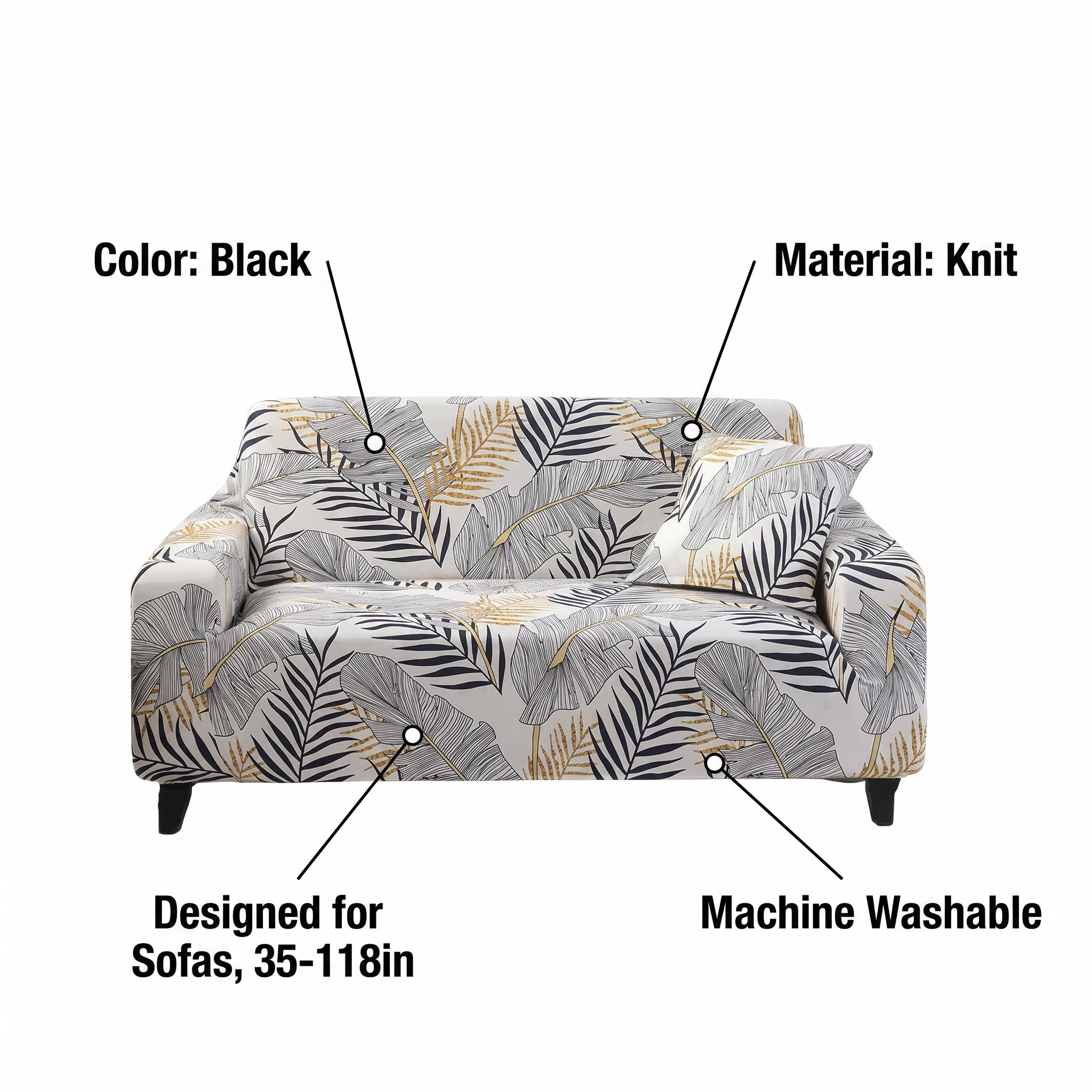 Stretch Sofa Slipcover – Black Gold Palm Leaf Print – features and specifications overview | Brivenzo