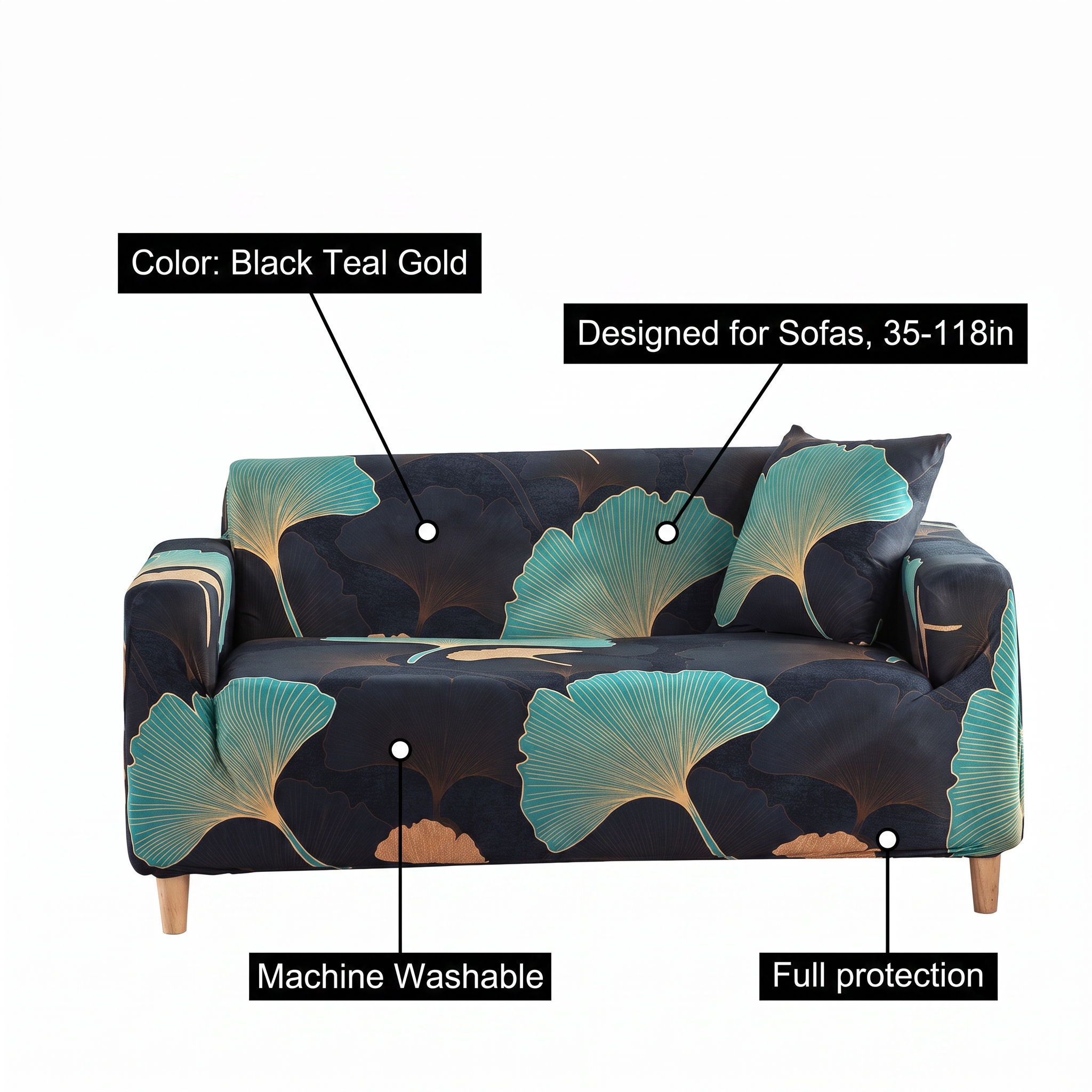 Stretch Sofa Slipcover – Black Teal Gold Ginkgo Leaf Print – features and specifications overview | Brivenzo