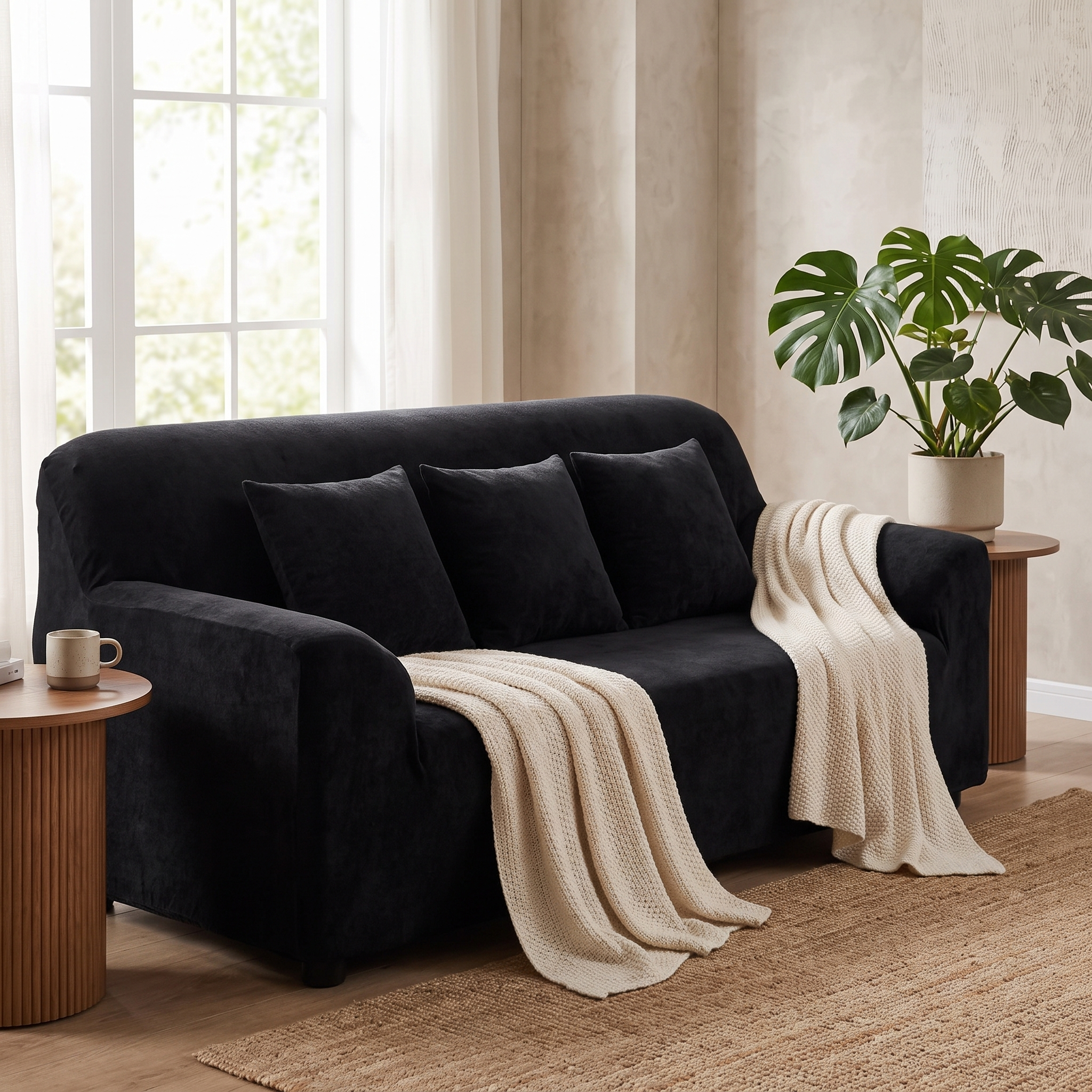 Stretch Sofa Slipcover – Black Velvet shown in a styled home interior | Brivenzo