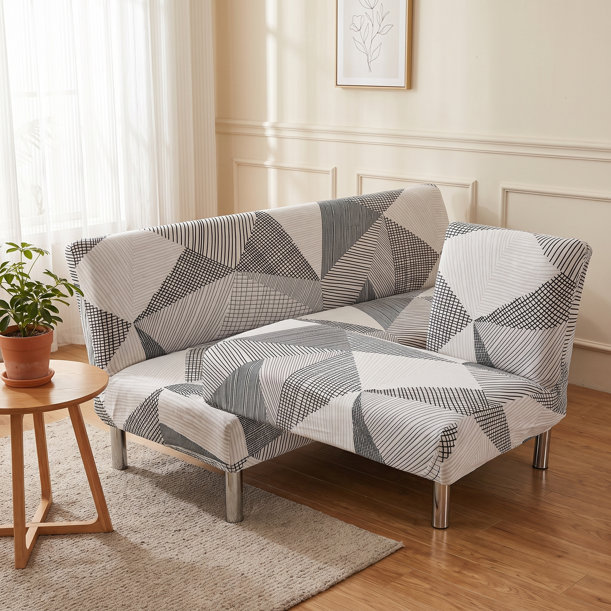 Stretch Sofa Slipcover Black White Geometric Crosshatch Print Sofa Bed Couch Cover 35-71in