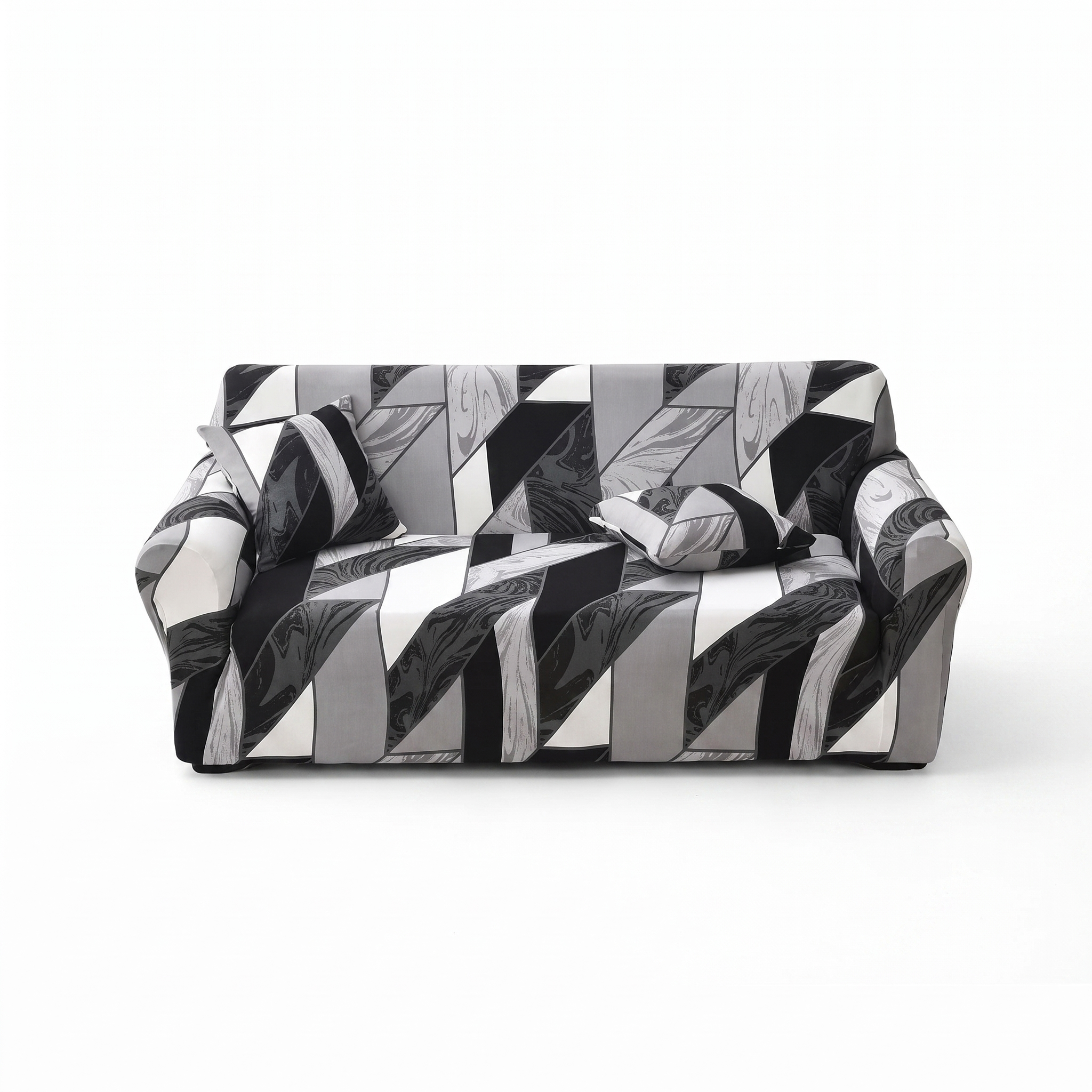 Stretch Sofa Slipcover – Black White Grey Geometric Print – product photo on a white background | Brivenzo