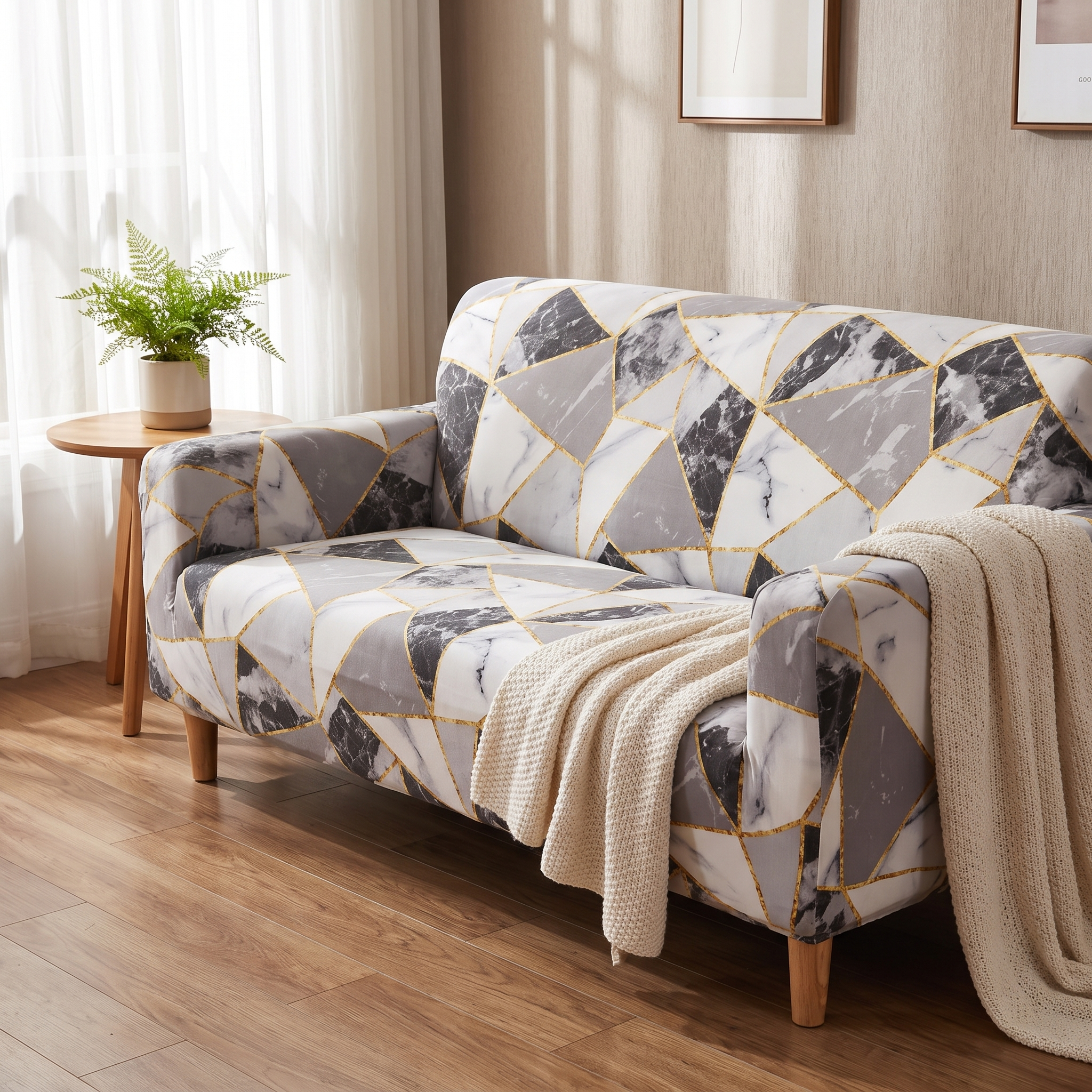 Stretch Sofa Slipcover – Black White Marble Mosaic Print Sofa Bed shown in a styled home interior | Brivenzo