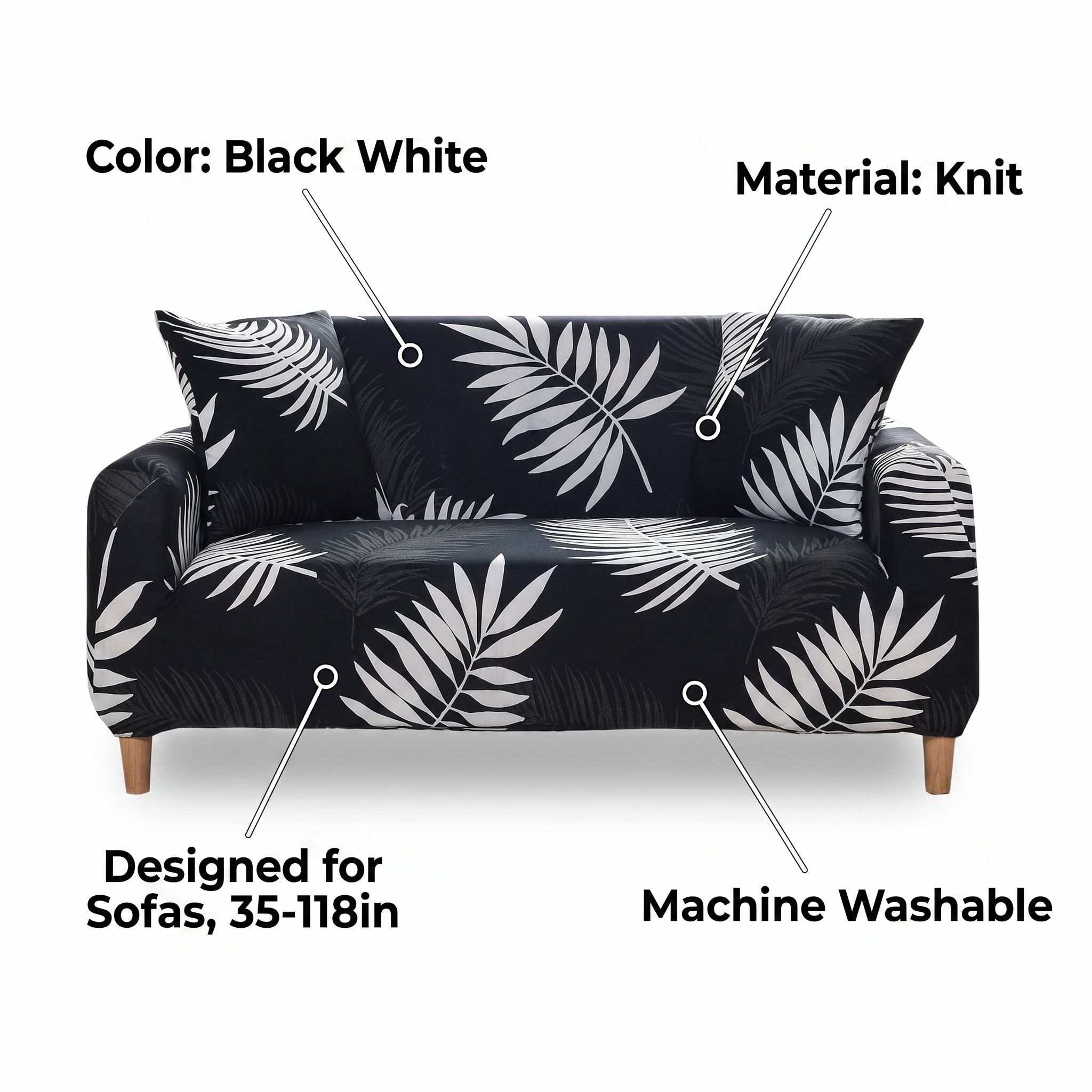 Stretch Sofa Slipcover – Black White Palm Leaf Print – product view 3 | Brivenzo