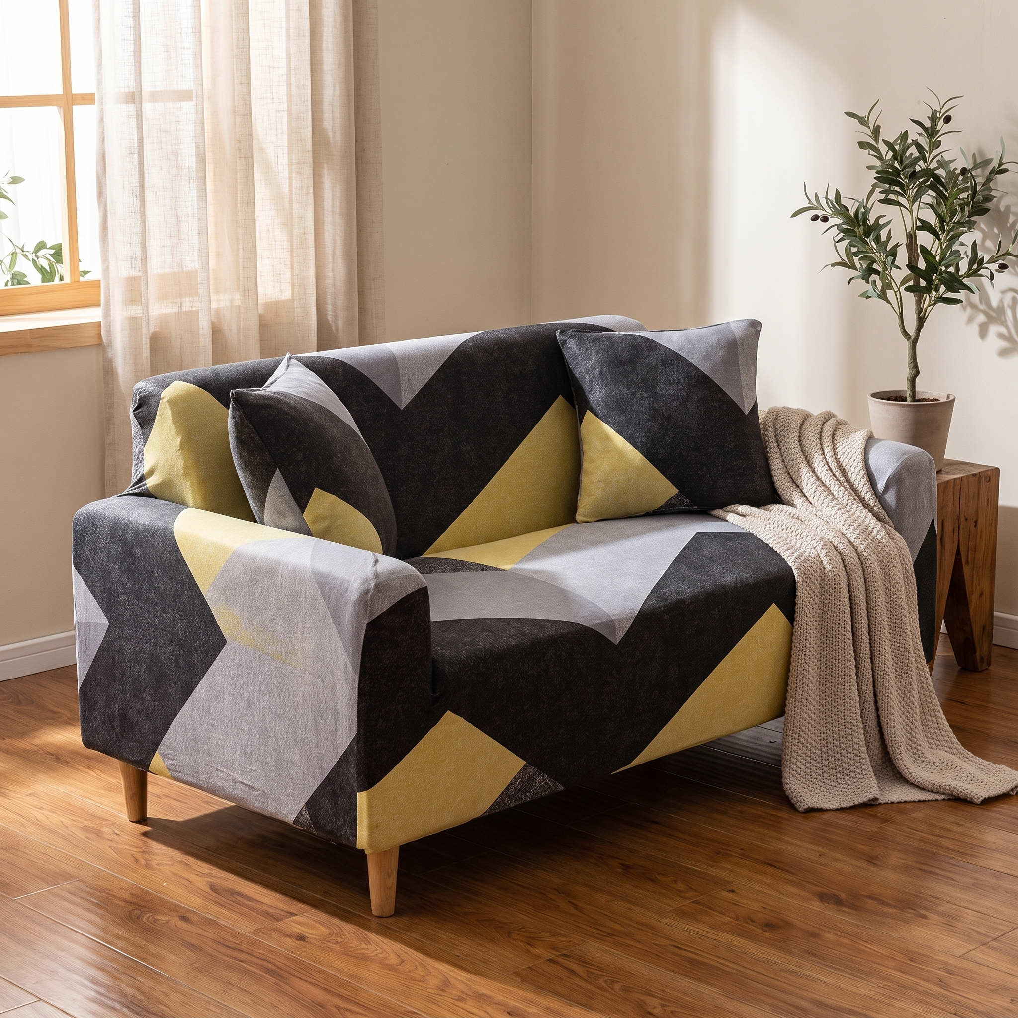 Stretch Sofa Slipcover – Black Yellow Grey Chevron Print – product view 2 | Brivenzo
