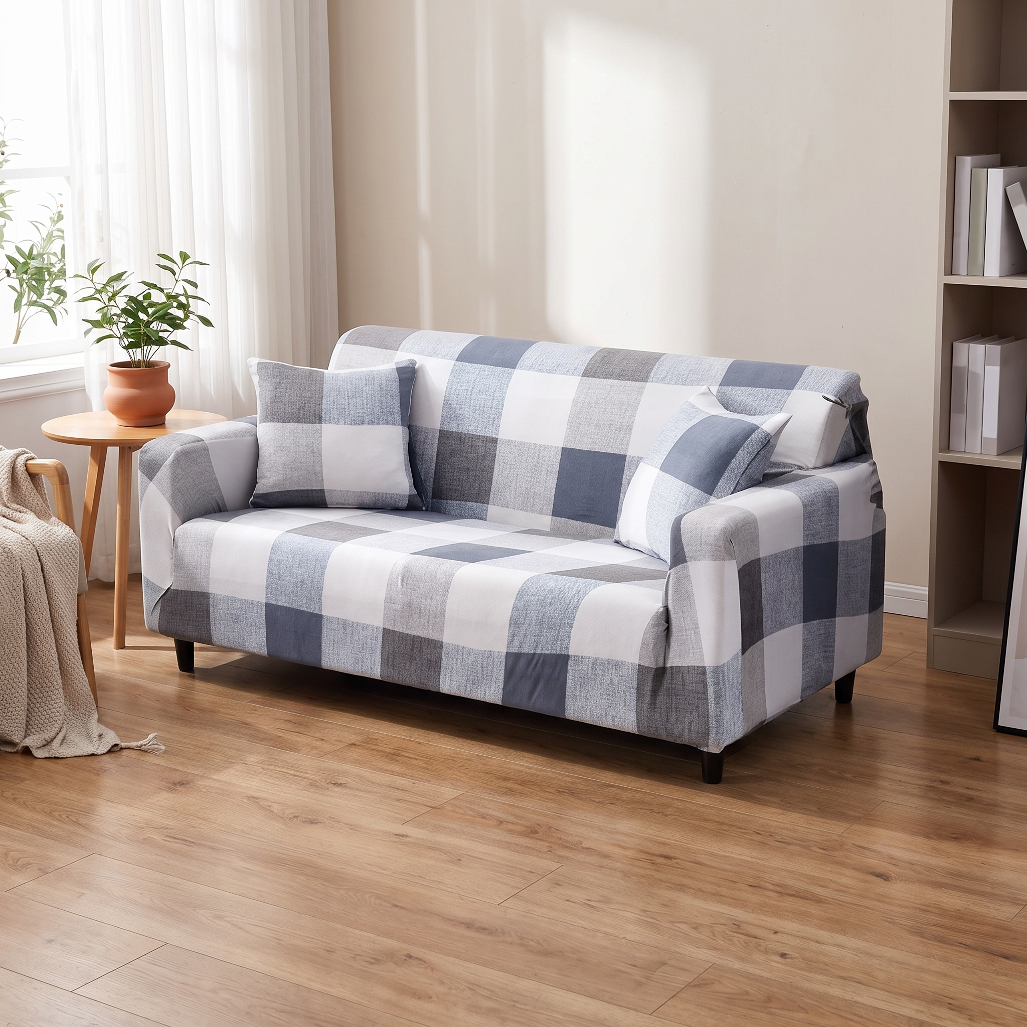 Stretch Sofa Slipcover – Blue Grey Buffalo Plaid Print shown in a styled home interior | Brivenzo