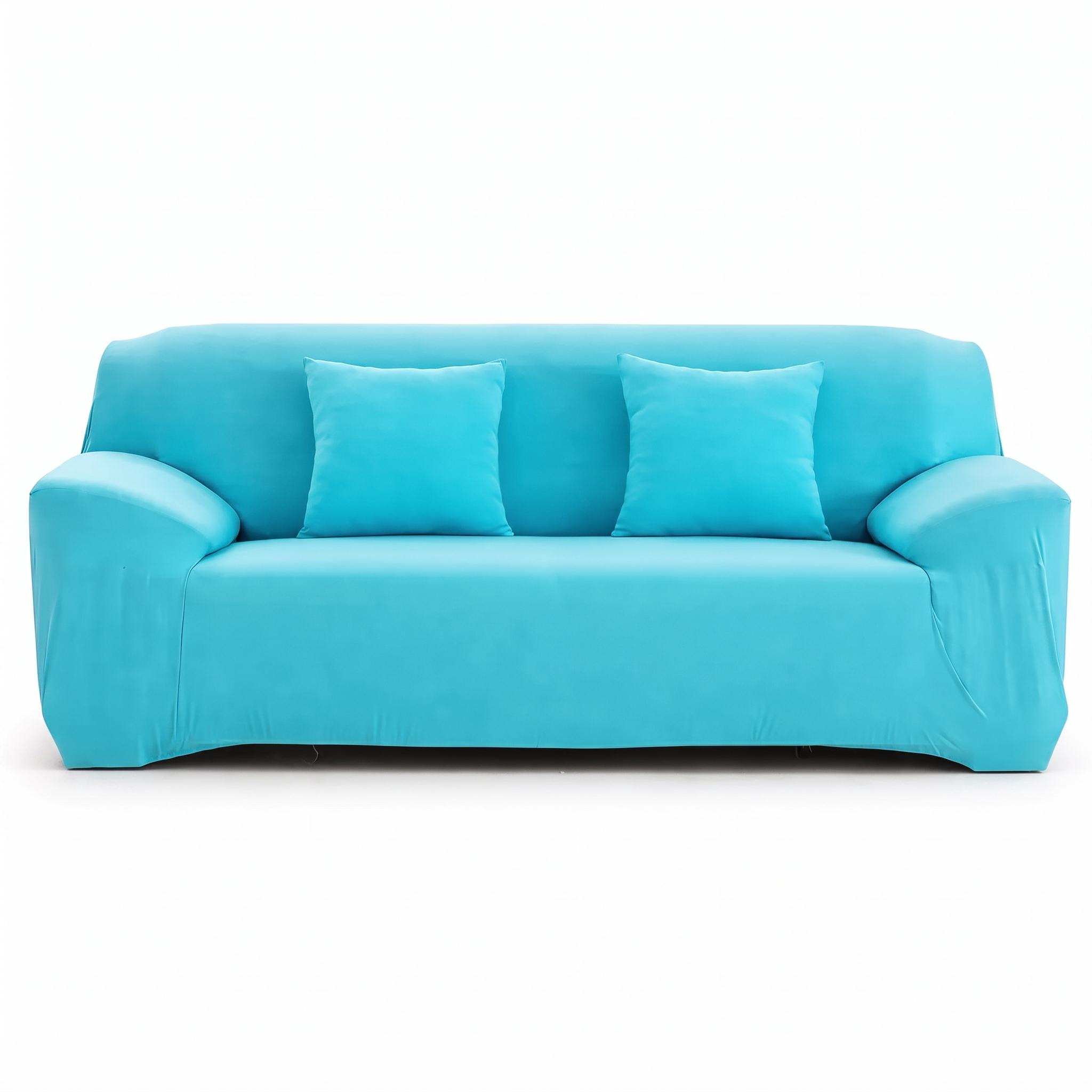 Stretch sofa slipcover in cyan blue, front view