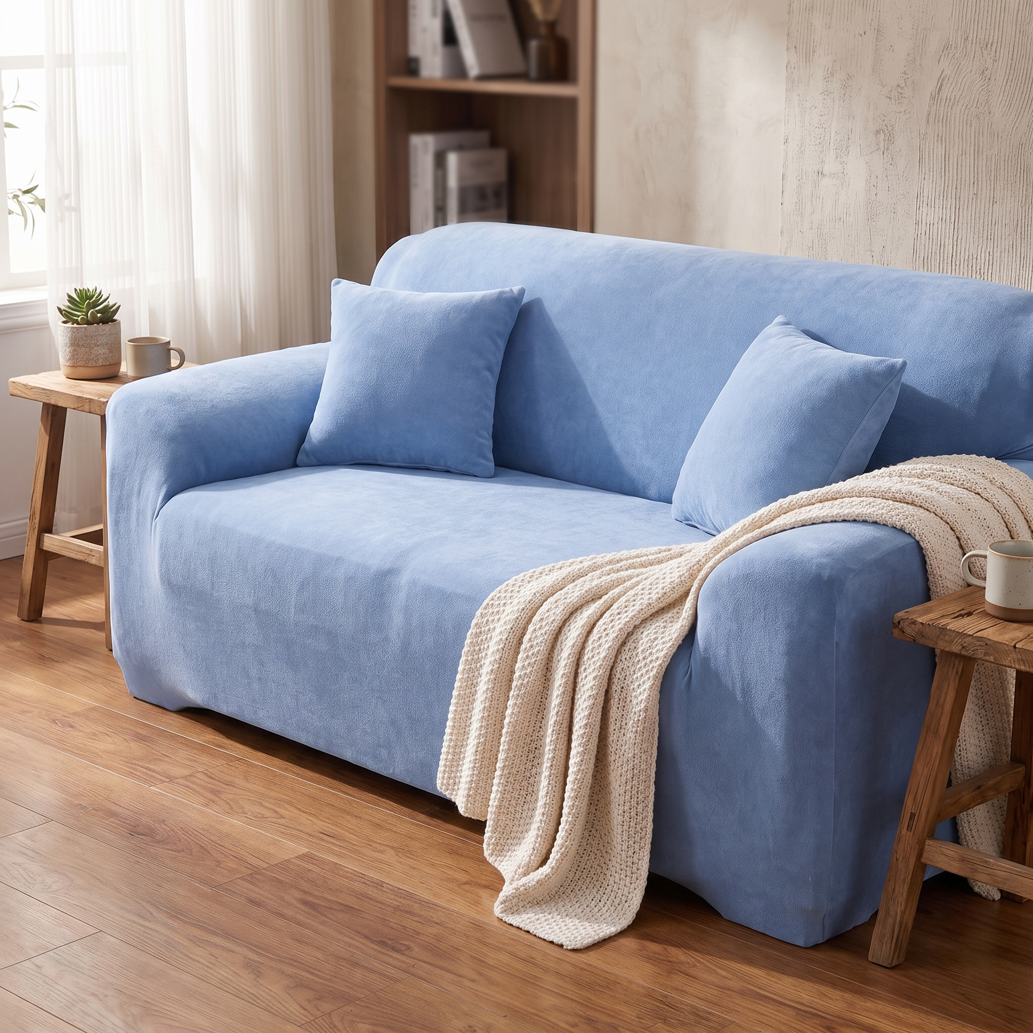 Stretch Sofa Slipcover – Blue Velvet shown in a styled home interior | Brivenzo